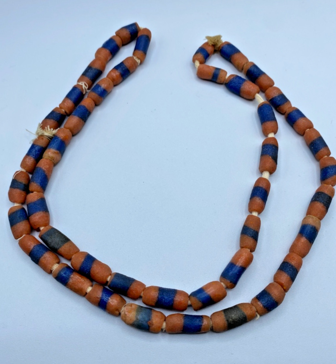 Strand of Blue Orange Striped Powder Glass Beads Ghana Africa