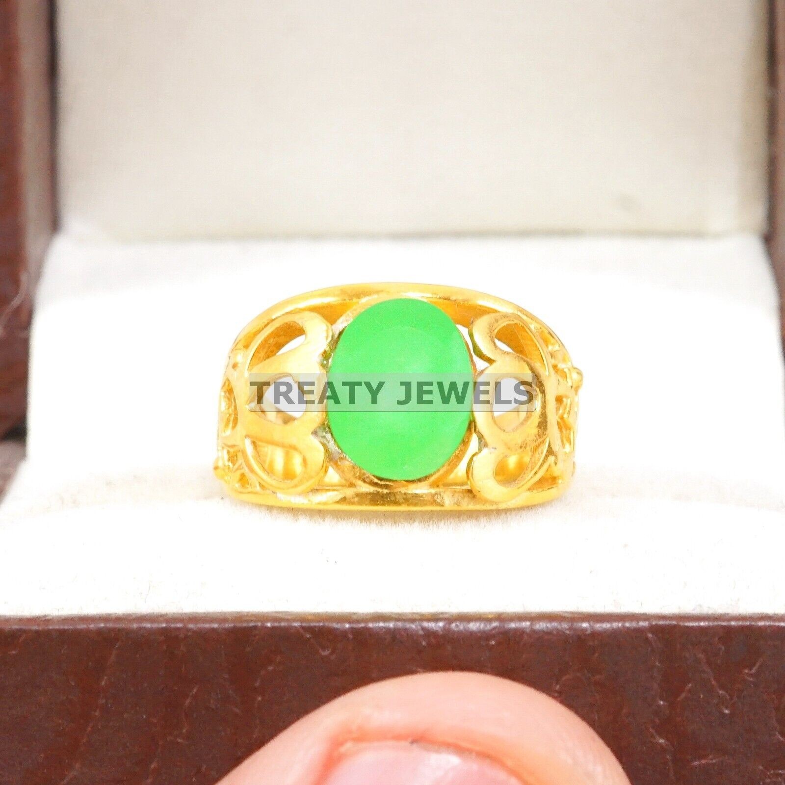 Jade Oval Cut With 925 Sterling Silver Gold Plated Ring For Men’s #B179 #