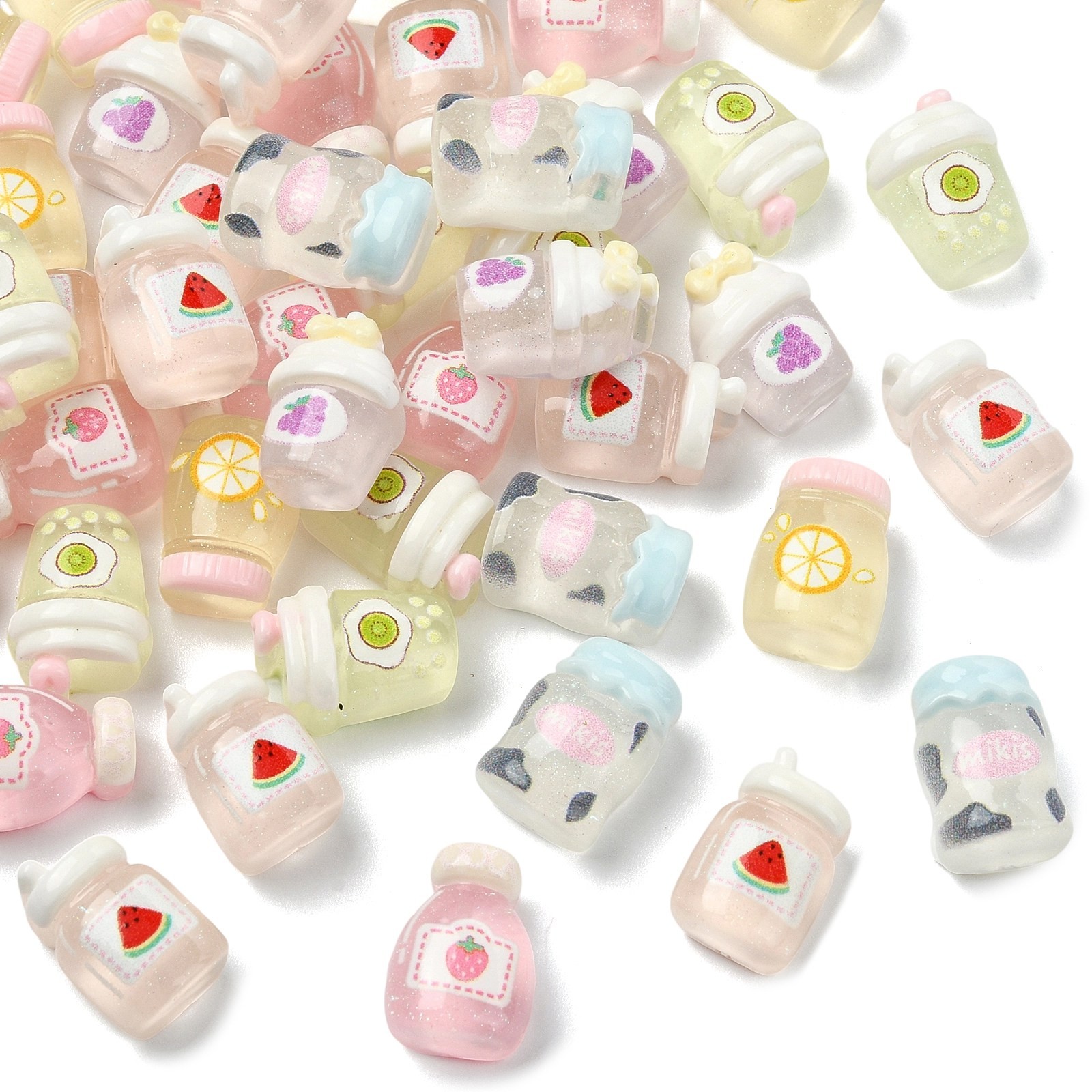 100pcs Fruit Juice Resin Cabochons Transparent with Glitter Powder Drinking Bead
