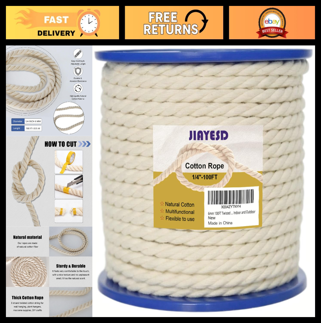 100FT 1/4″ Cotton Rope – Soft Twisted Cord for DIY Crafts, Pet Toys, Gardening &
