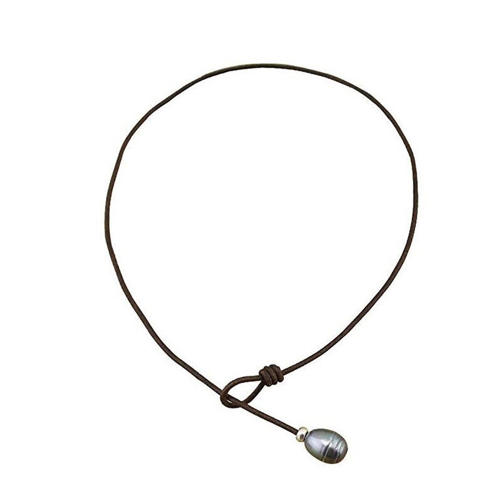 Genuine Leather Cord Choker with 1 Dyed Black Natural Fresh Water Pearl