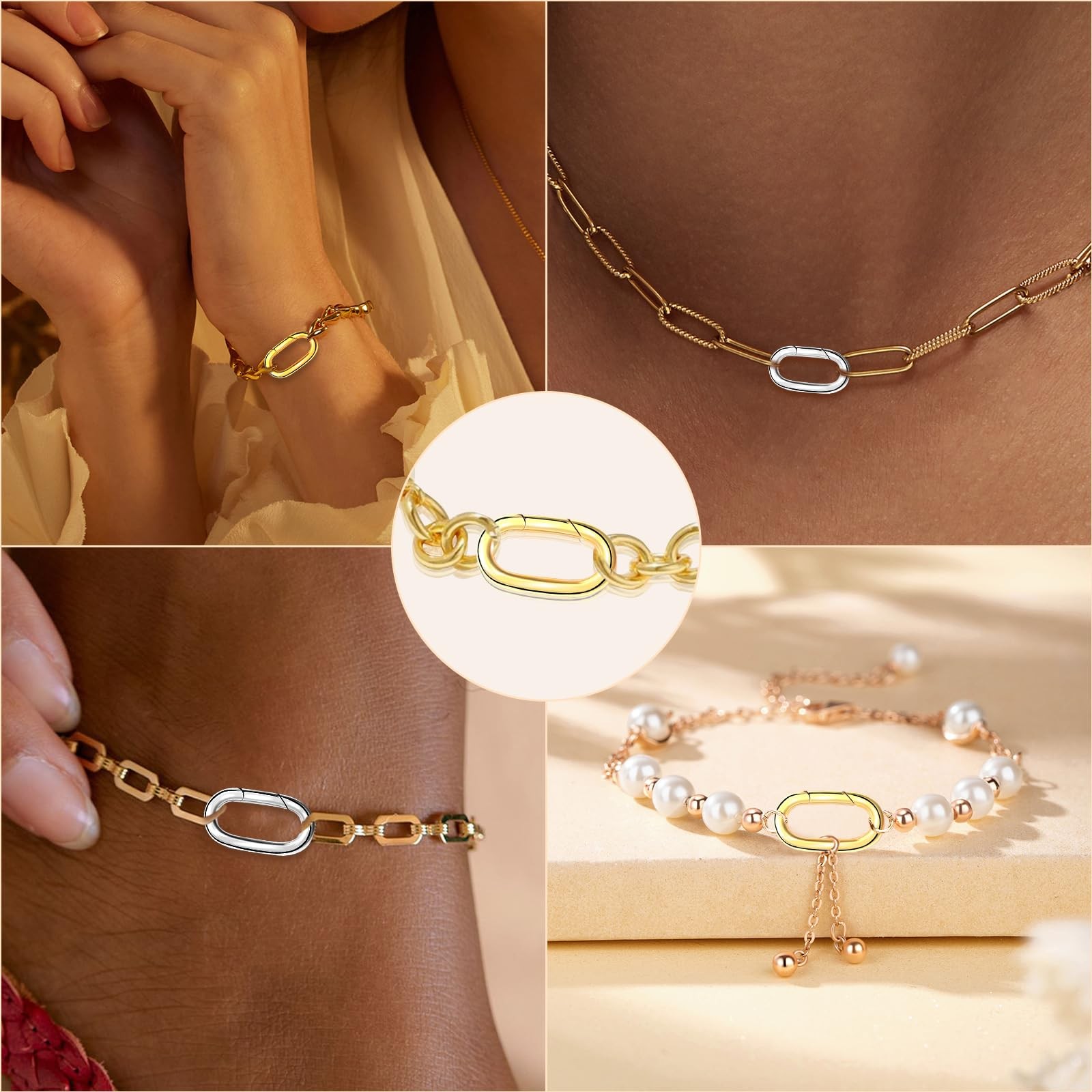 5PCS Oval Clasp Carabiner Necklace Connector Stainless Steel Spring Clasps Brace