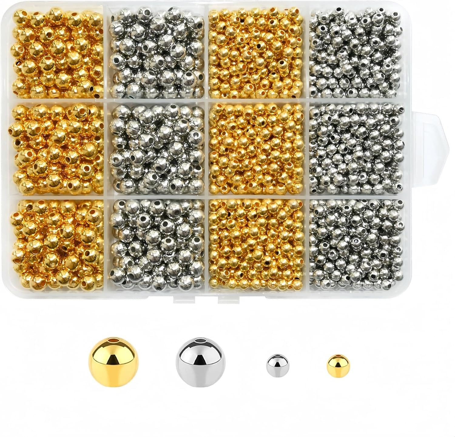 1740Pcs Spacer Beads 4Mm and 6Mm,Gold and Silver Assorted round Beads for Bracel