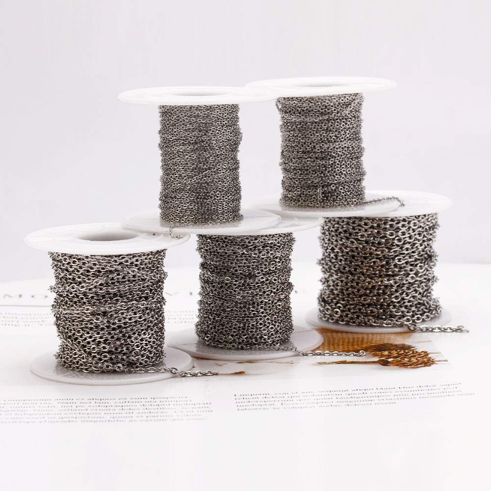 33 Feet Stainless Steel Flat Chain Width 1.0mm+20pcs Clasps+50 Rings, Silver