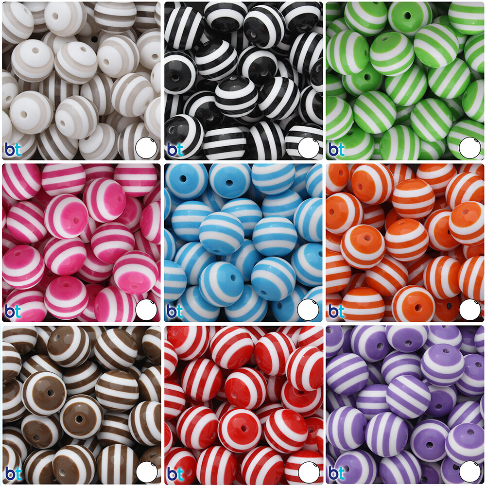 BeadTin White Striped 20mm Round Resin Bubblegum Beads (10pcs) – Color choice