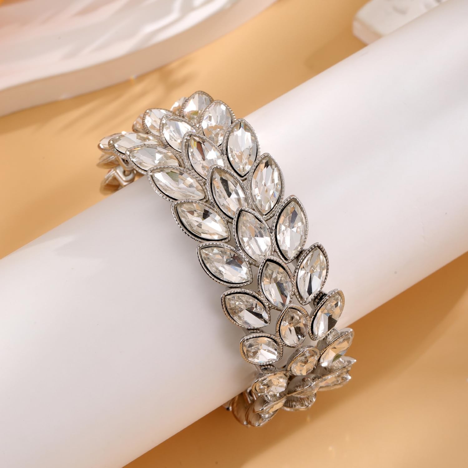 Women Shinny Wide 3 Lines Leaf Stretch Elastic Bangle Bracelets for Party Weddin