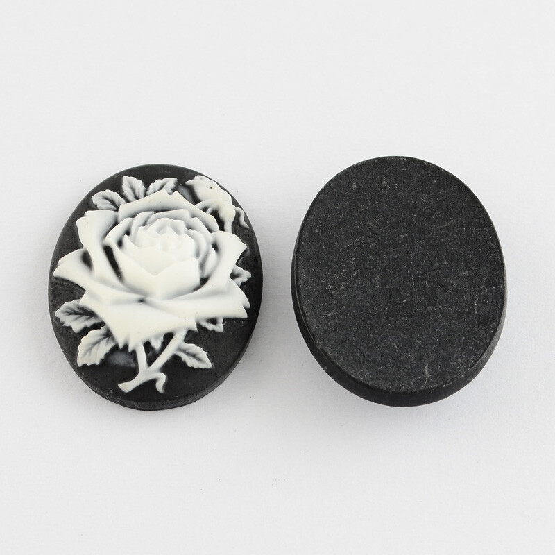 2 Oval Rose Cabochon Cameos Resin Black White Flower Flat Backs 30mm Flatbacks
