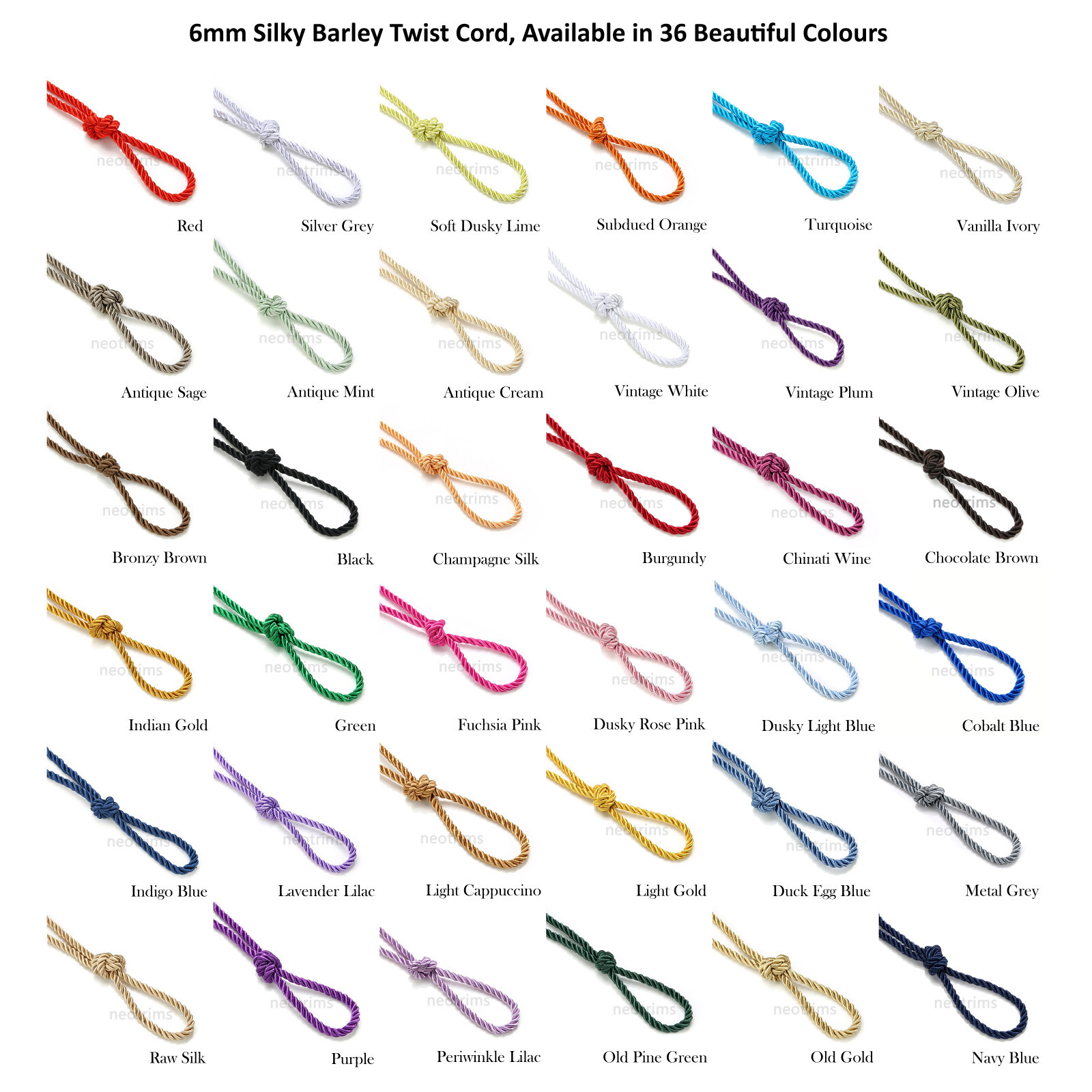 Twisted Cord Silky Barley Twist Satin Rope 6mm Thick Furnishing Piping 3Ply Trim