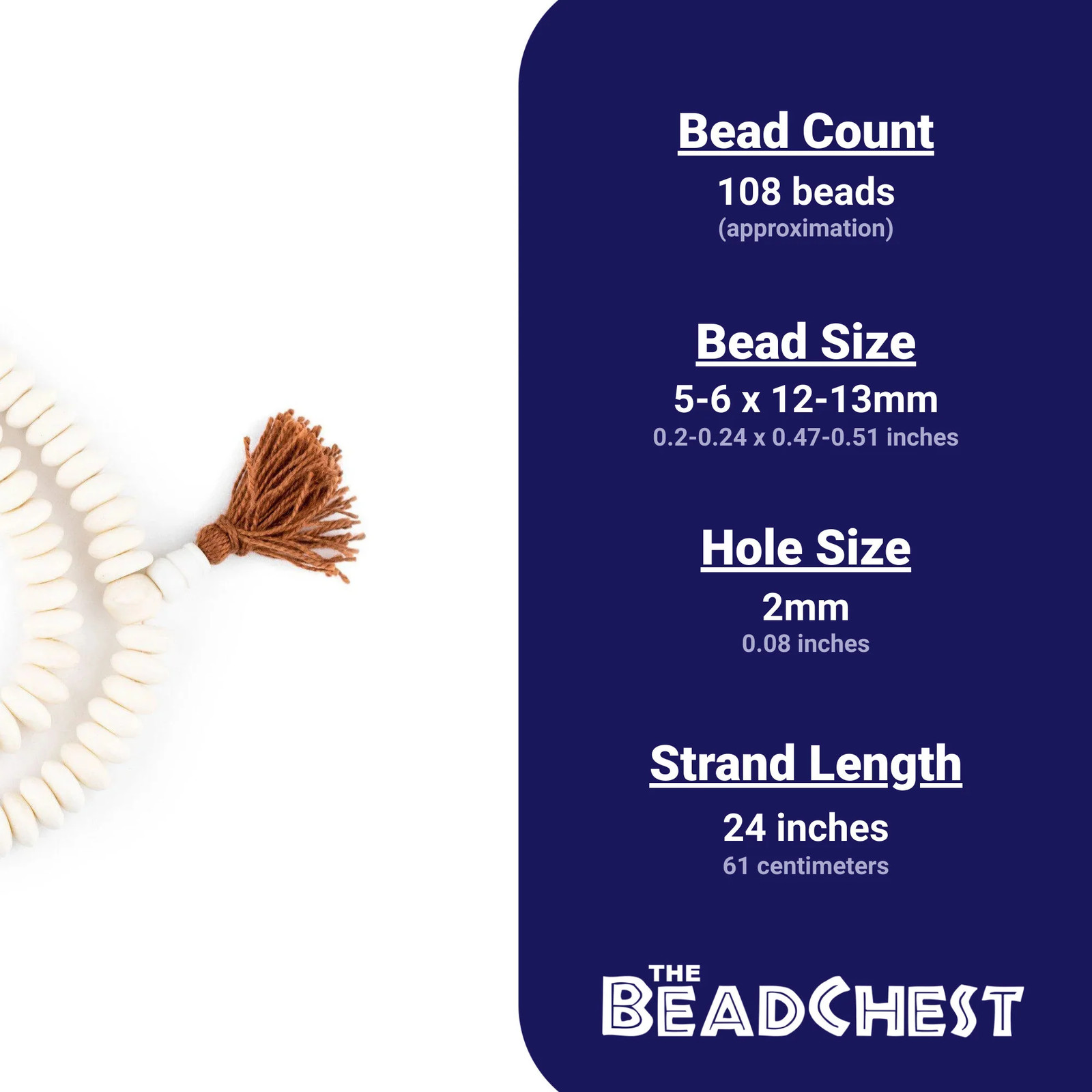 White Bone Mala Disk Beads 12mm Nepal Large Hole 24 Inch Strand