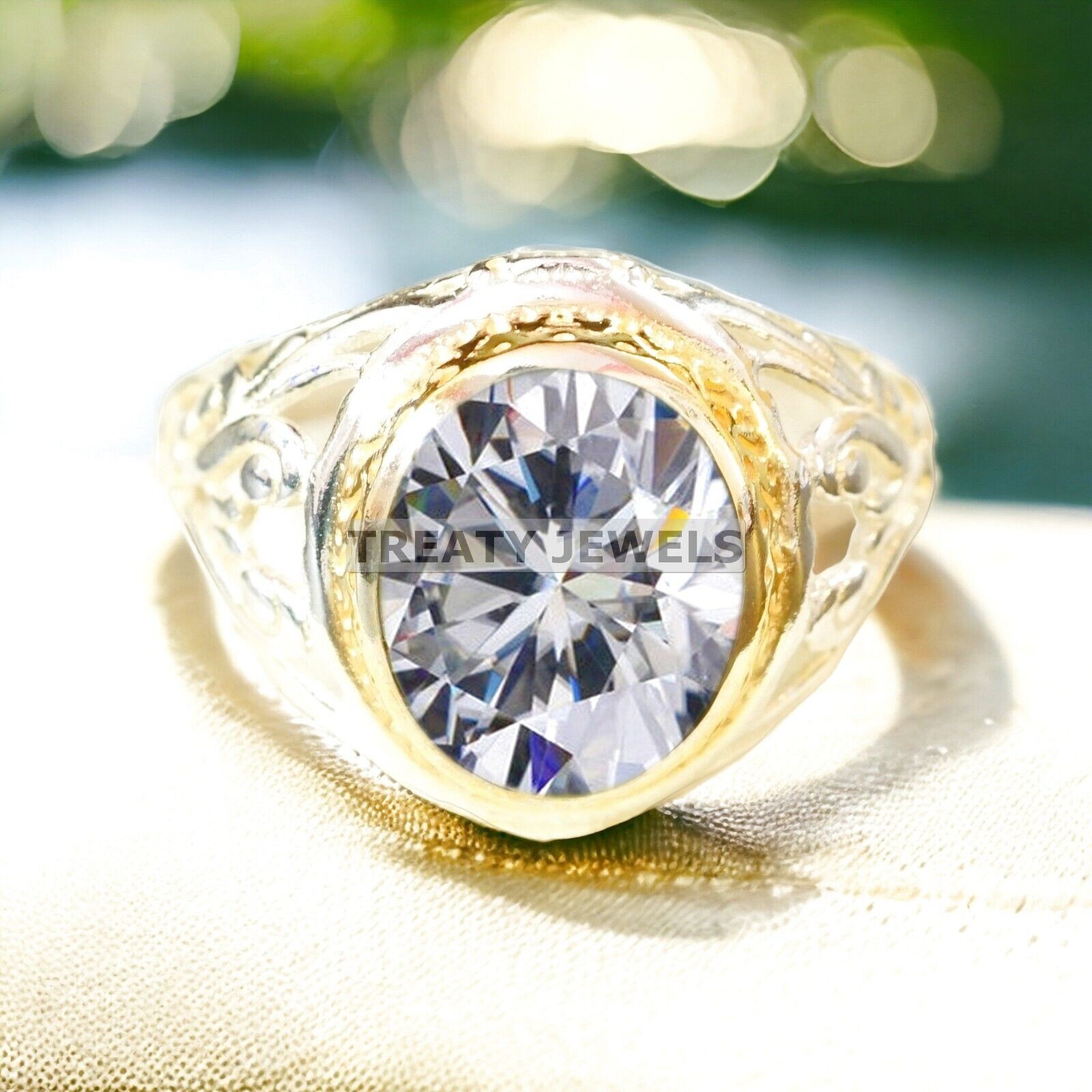 Moissanite Oval Cut With 925 Sterling Silver Gold Plated Ring For Men’s #A405 #