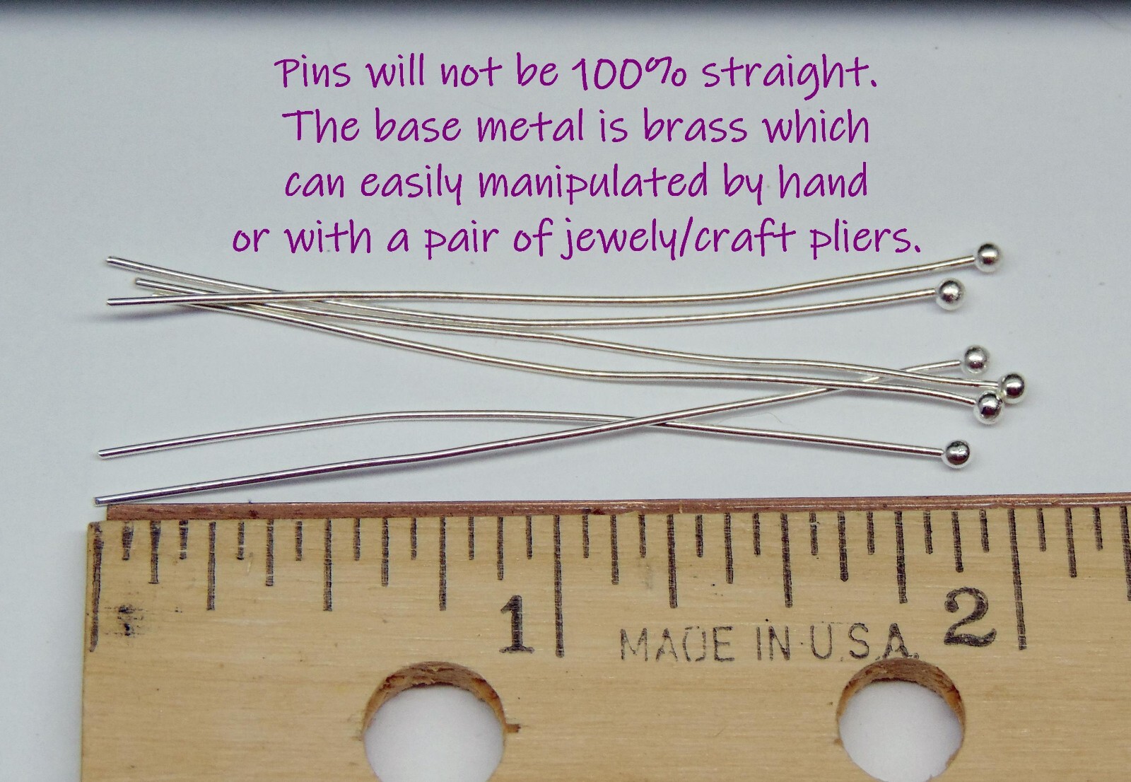 100 Silver Plated Brass BALL END HEAD Pins 2 inch 24 gauge No Lead No Nickel