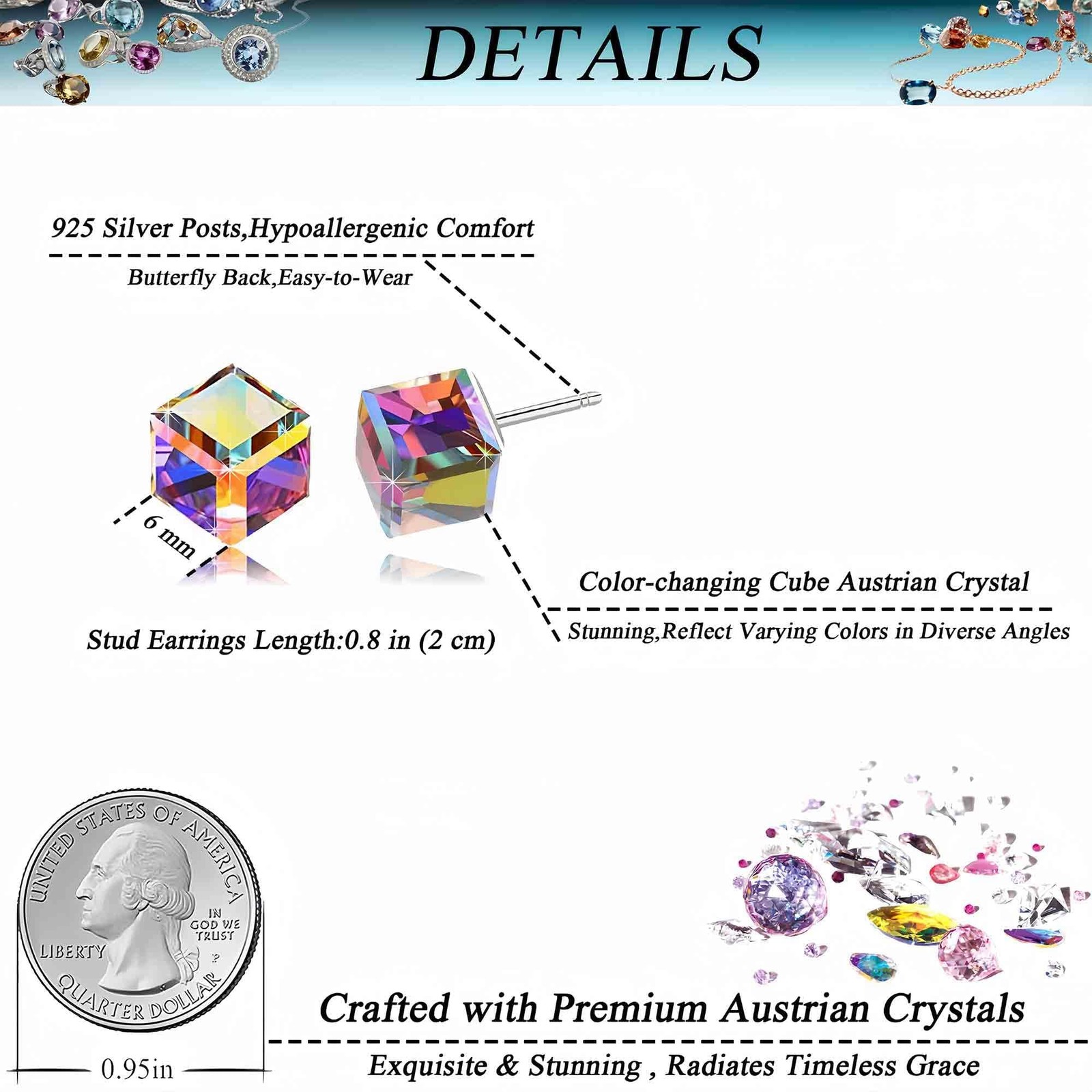 Cube Austrian Crystal Drop Stud Earrings for Women Fashion S925 Sterling Si – 05
