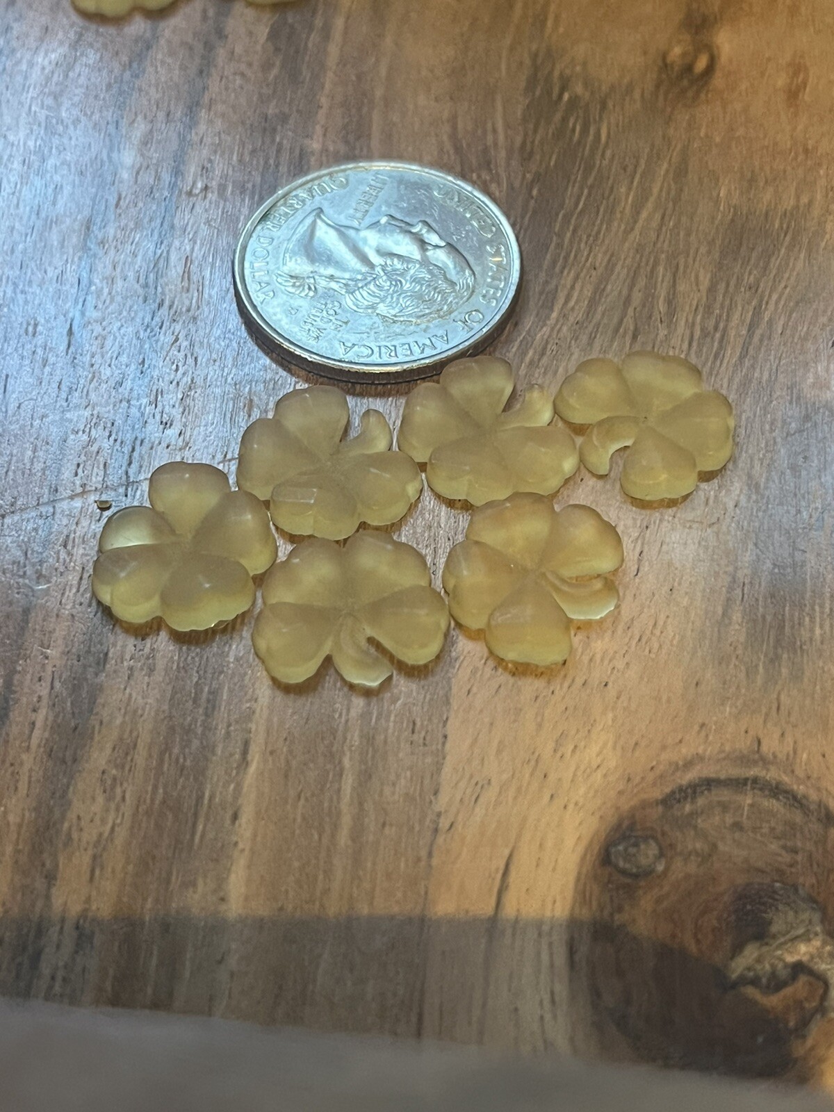 Art Deco Antique Matte Glass Clover Leaf Molded Cabochons Set Of 6 Yellow
