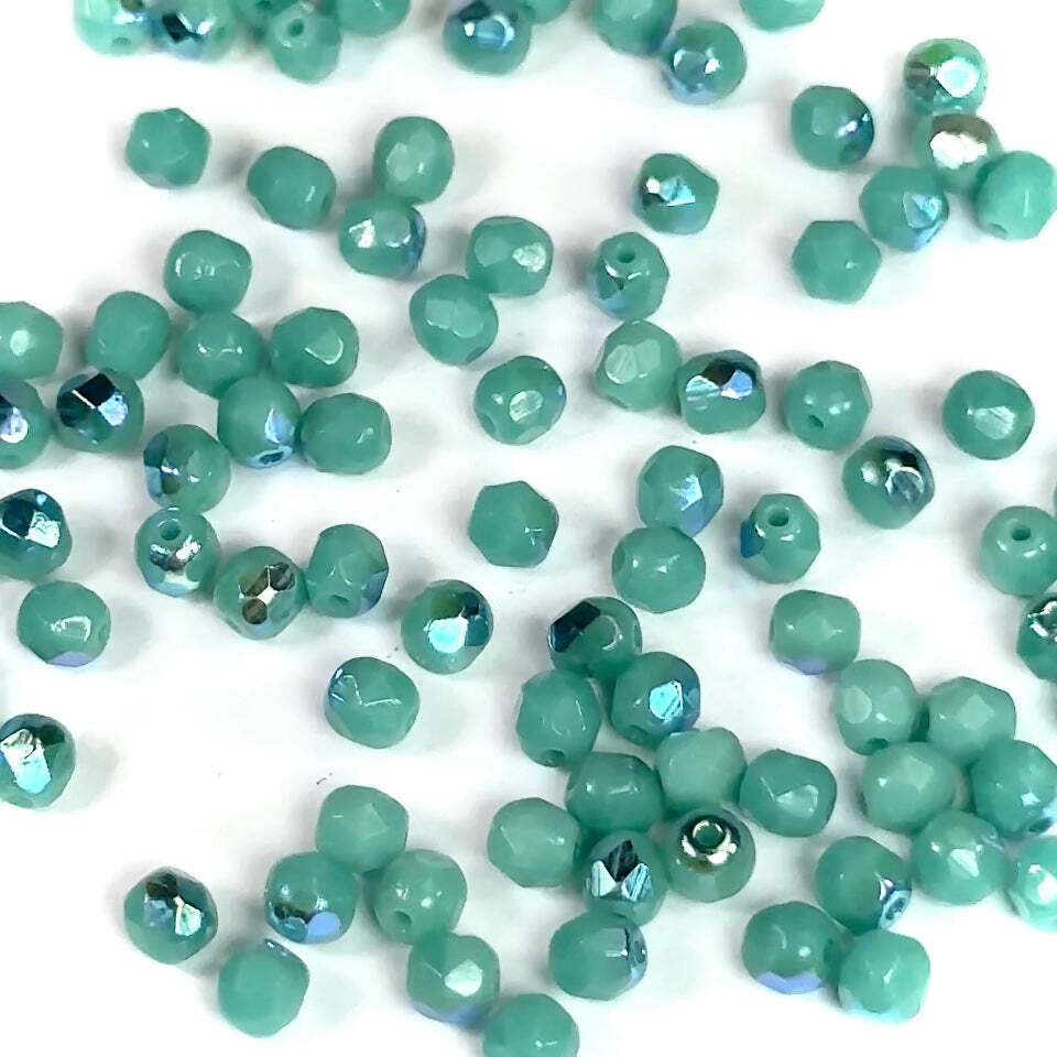Green Turquoise AB Opaque Czech Fire Polished Round Faceted Glass Beads 4mm 100p