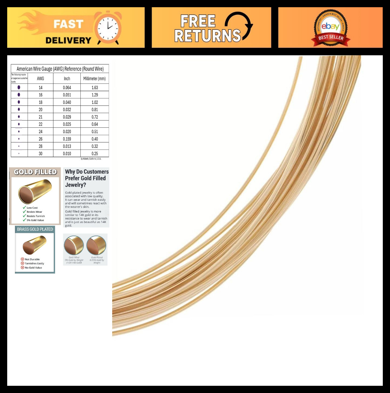 5ft 14K Gold Filled Jewelry Wire – 0.3mm/28 Gauge, Dead Soft, Non-Tarnish for DI