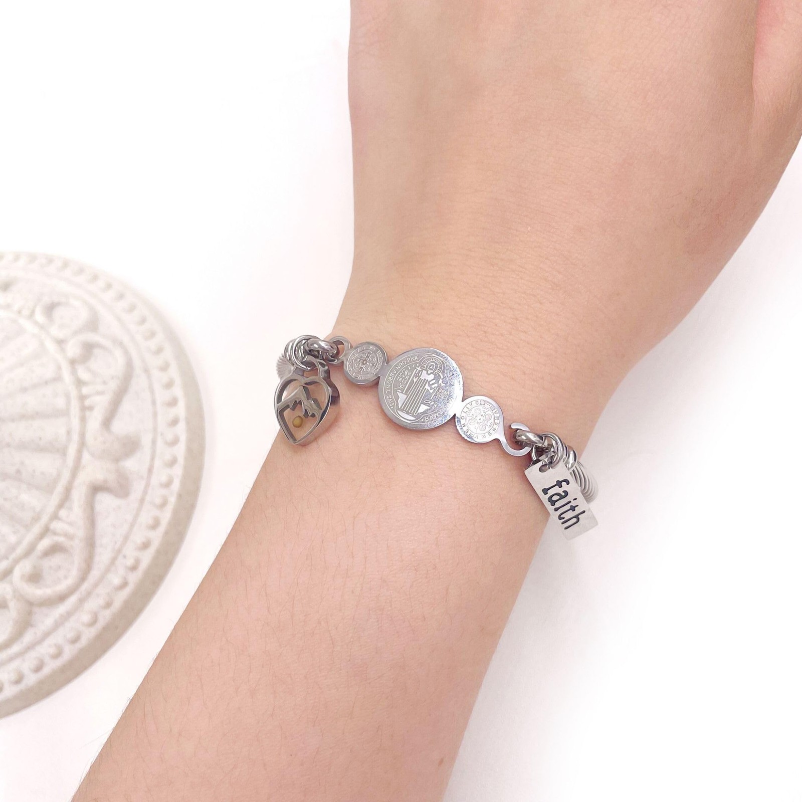 Platinum Plated Twisted Rope Saint Benedict Medal Bangle Bracelets for Wome – 01