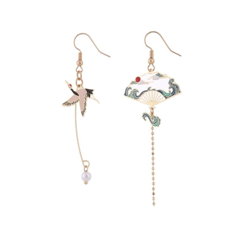 Chinese Style Fan Earrings Cute Handmade Retro Ethnic Hollow Asymmetric Sec – 02