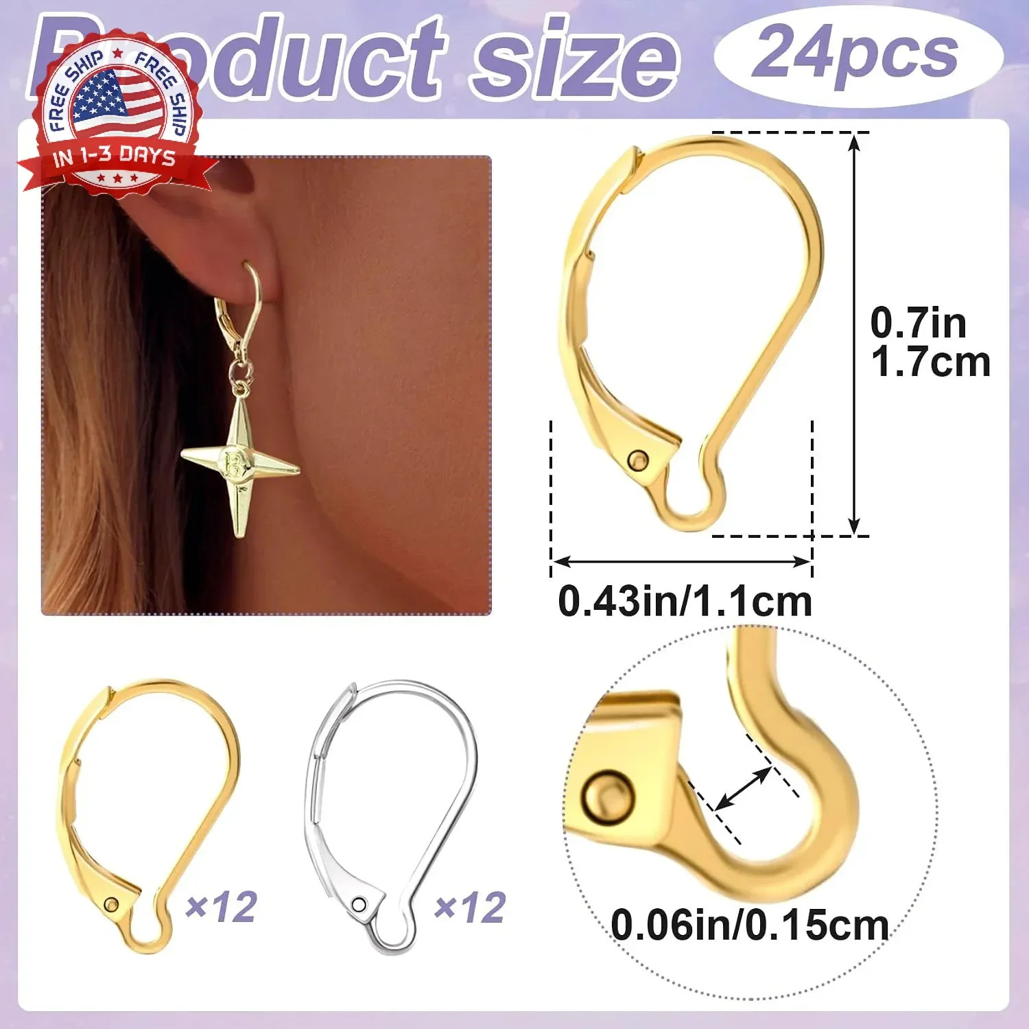 24 Pcs Leverback Earring Hooks, Stainless Steel Clasp Hoop, Hypoallergenic Dangl