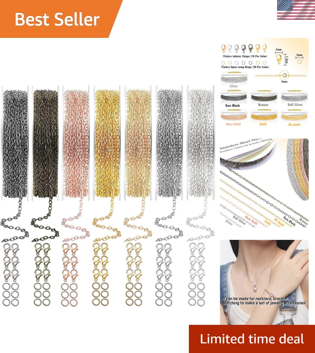 Versatile 90ft Jewelry Chain Roll – 2mm Alloy Metal with 70 Clasps & 210 Rings