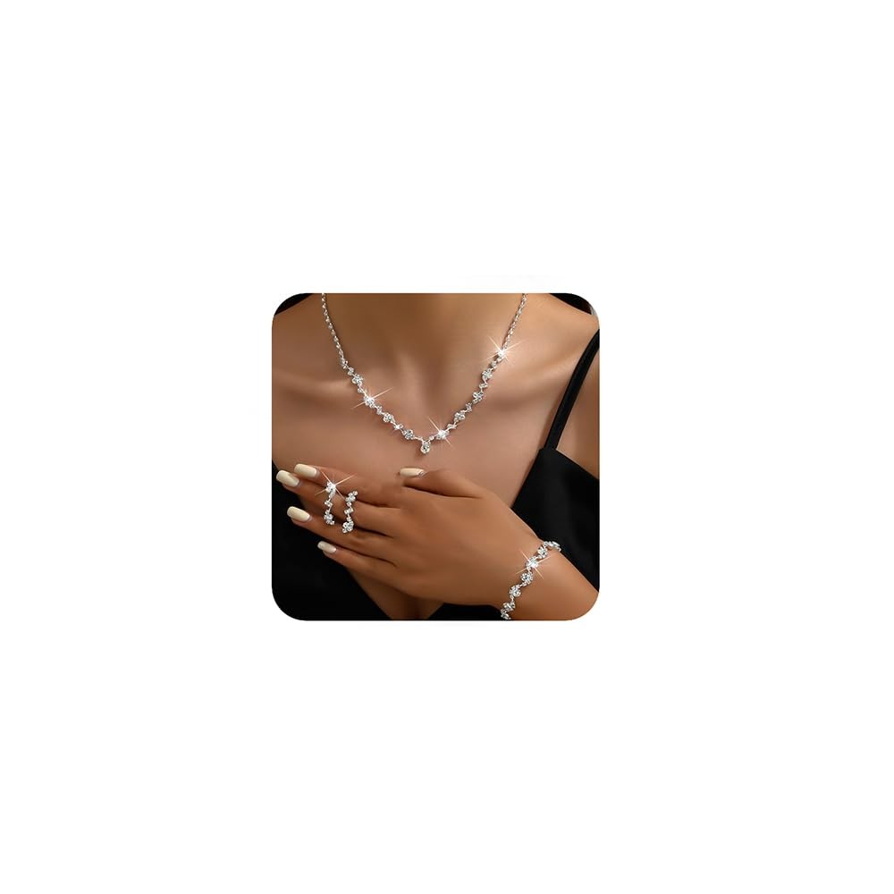Boho Silver Fashion Prom Shinny Rhinestones Choker Necklace Earrings Bracelet Se