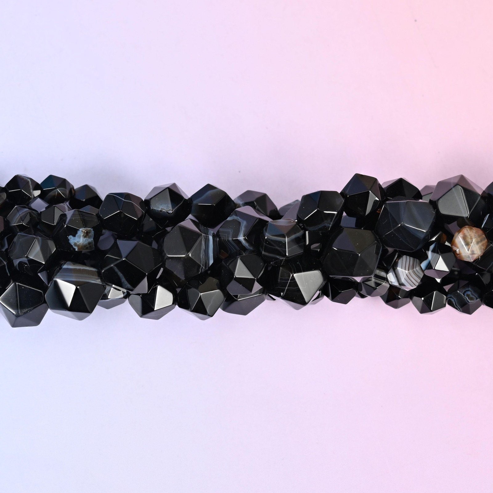 Black Strip Agate Beads: Faceted Diamond Star Cut, 6-10mm, 15.5 inch Strand
