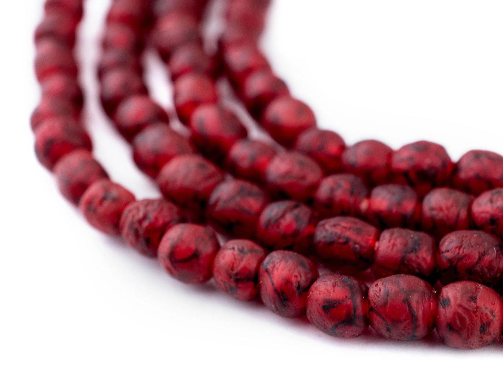 Red Black Swirl Recycled Glass Beads 7mm Ghana African Sea Glass Round Handmade