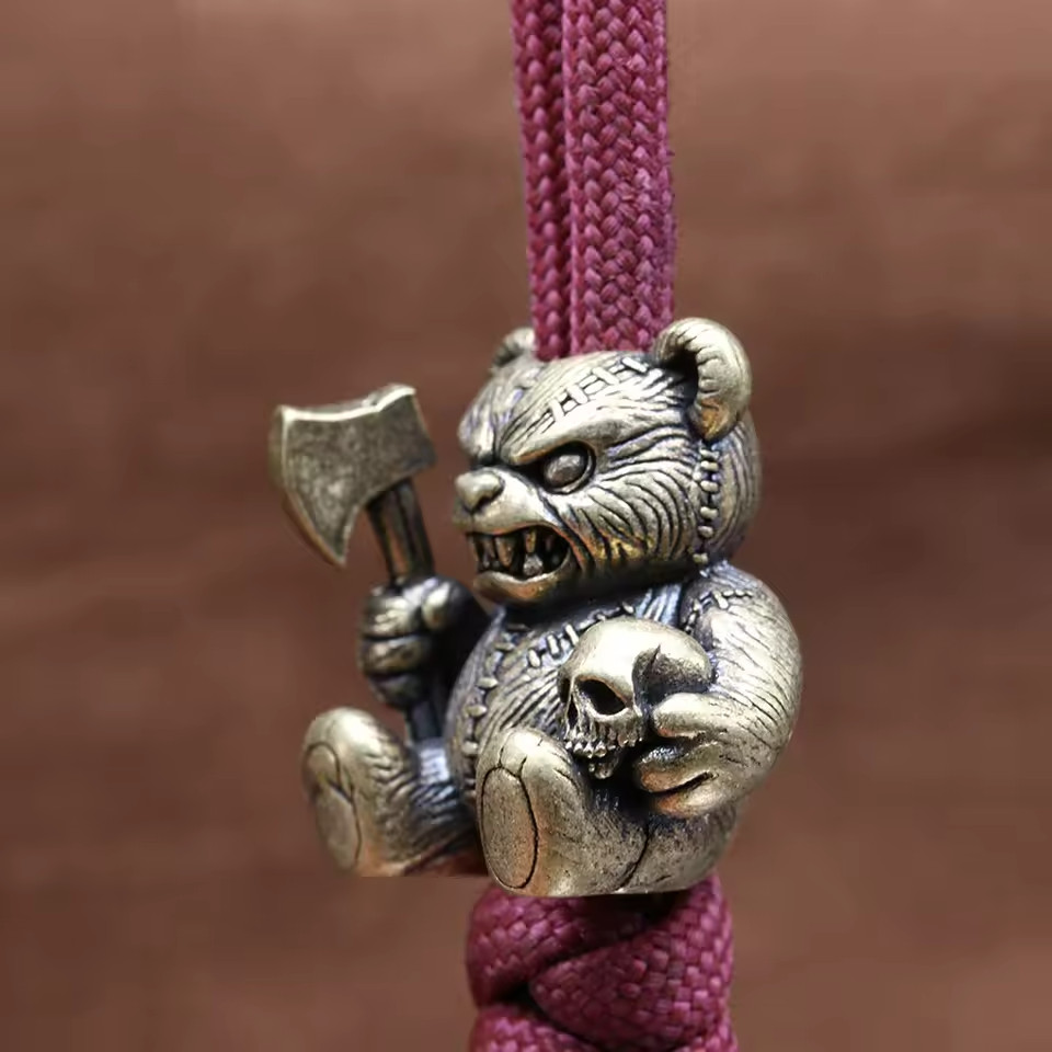 Bear Skull Brass Knife Bead EDC Paracord Lanyard DIY Outdoor Charm Pendant Beads