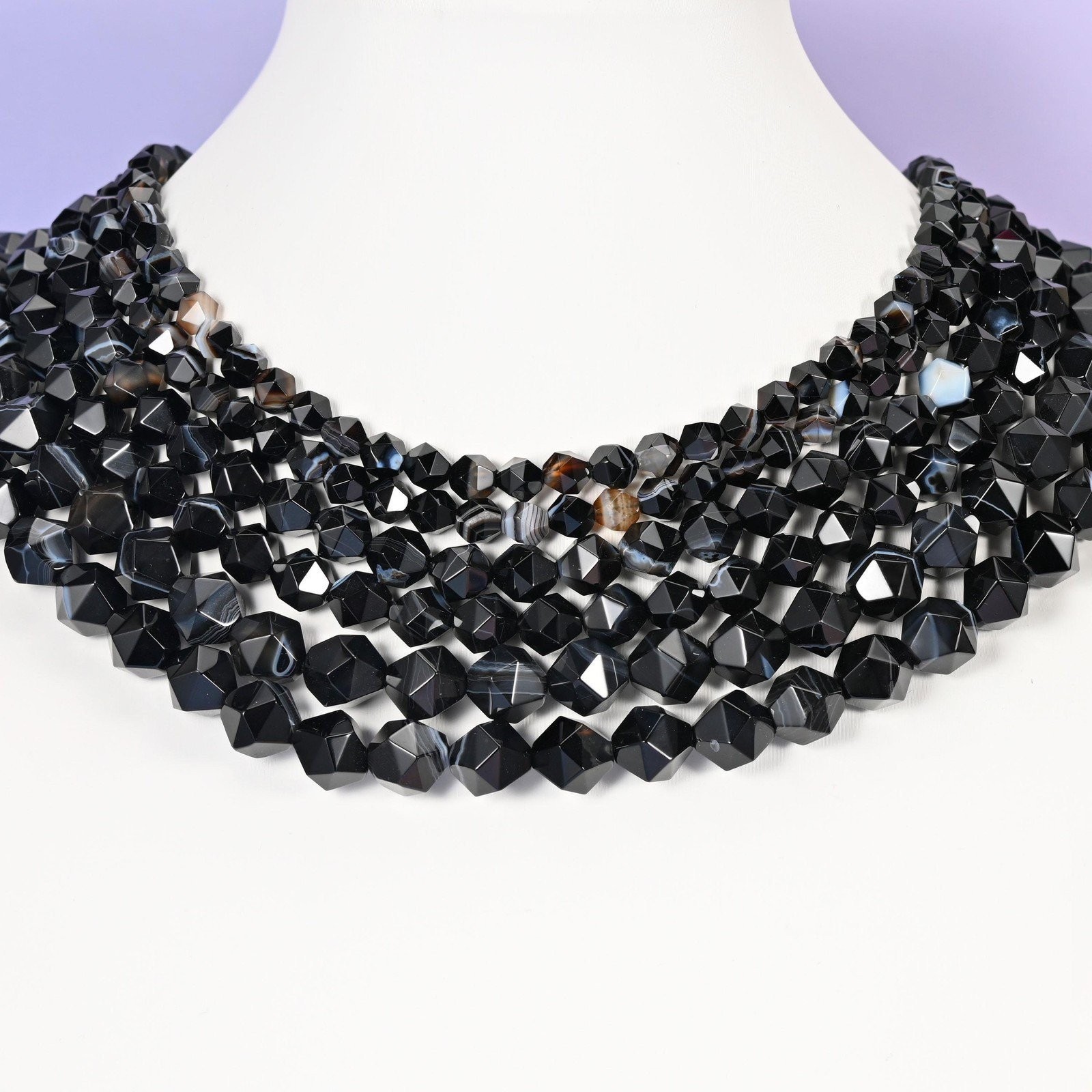 Black Strip Agate Beads: Faceted Diamond Star Cut, 6-10mm, 15.5 inch Strand