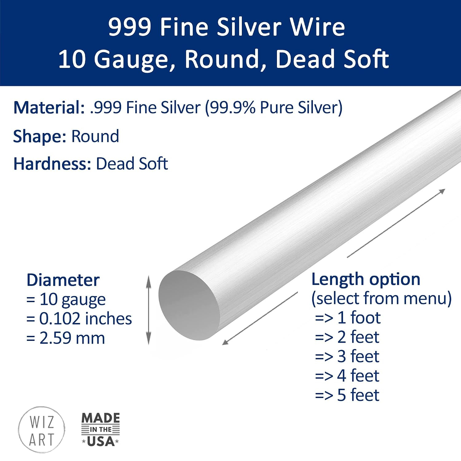 10 Gauge, 999 Fine Silver Wire, Round, Dead Soft – 2 FT – for Jewelry Art from