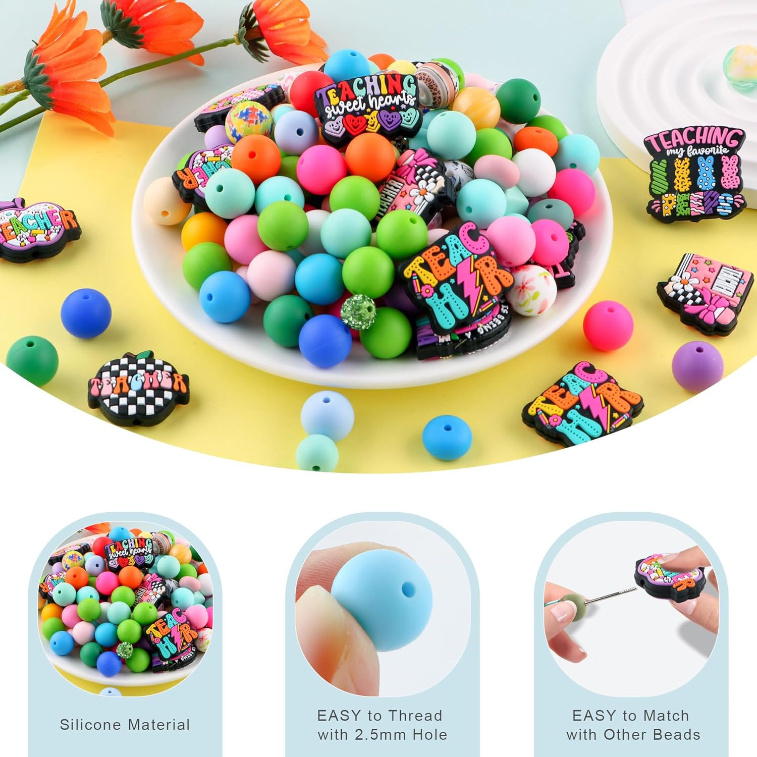 Lovymi 12PCS Teacher Silicone Focal Beads for Pens, Pink Pencil Teacher Silic…