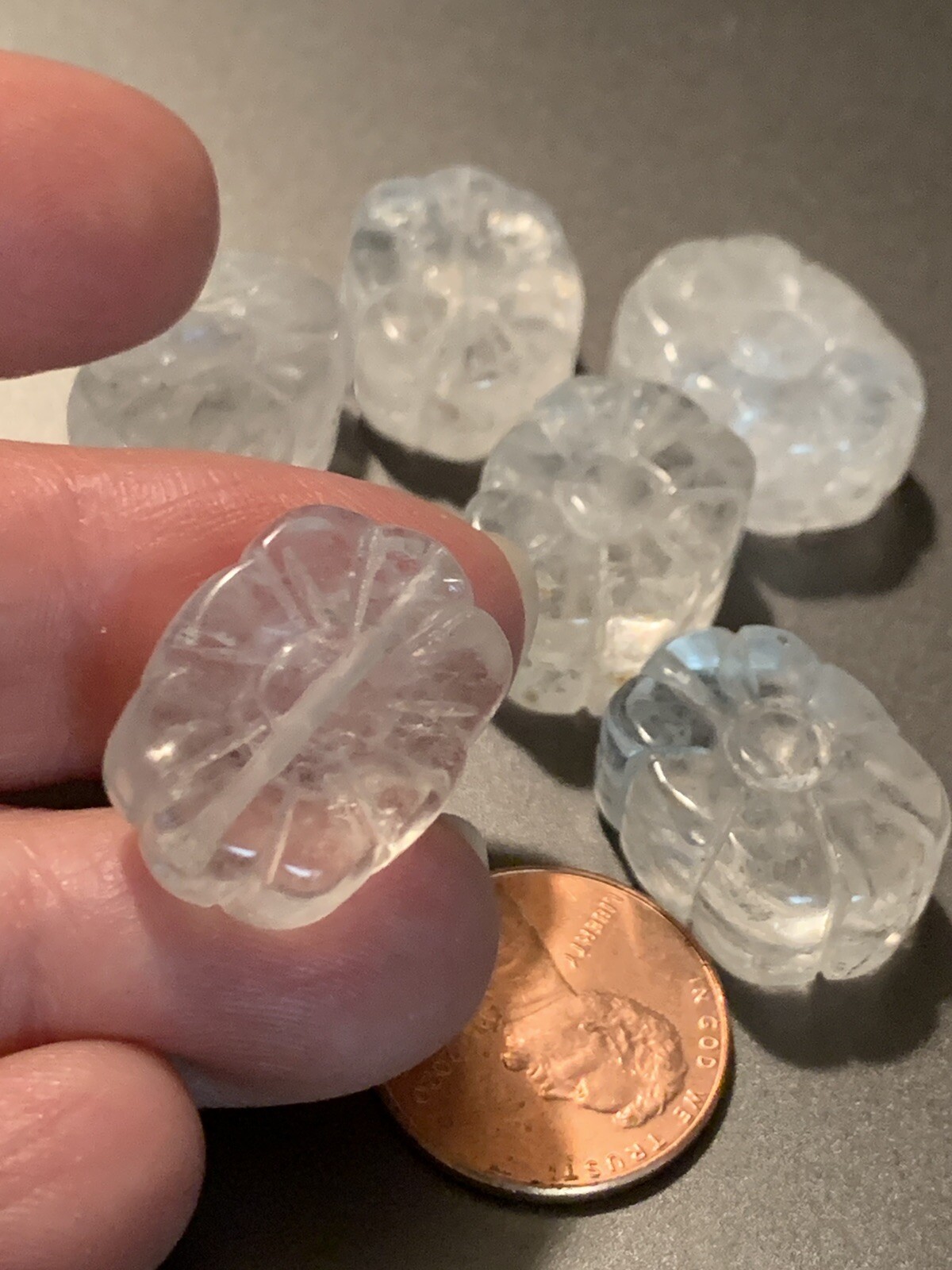 Vintage Carved Chinese Bead Clear Quartz Crystal Flower Shape 20mm x 15mm x 8mm