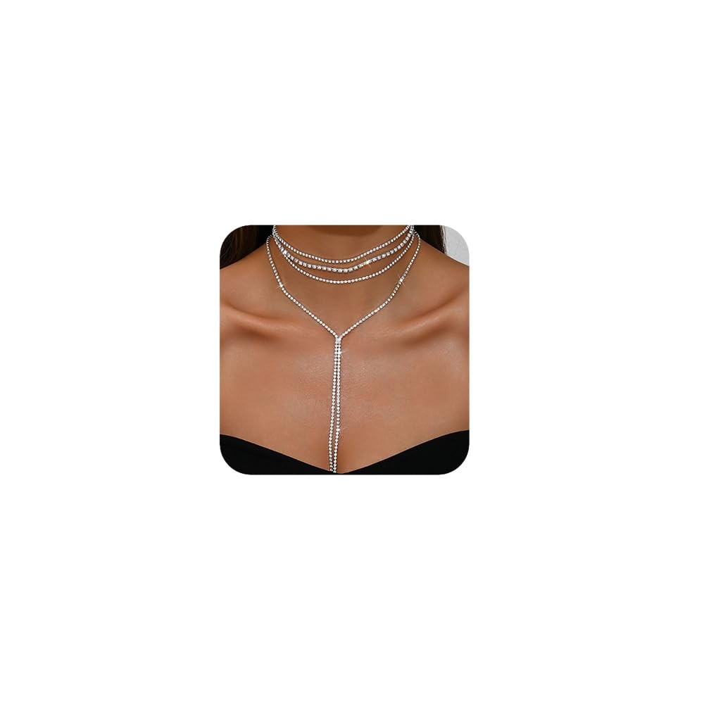 Boho Fashion Y Long Neckalce Prom Shinny Black Silver Rhinestones Choker Necklac