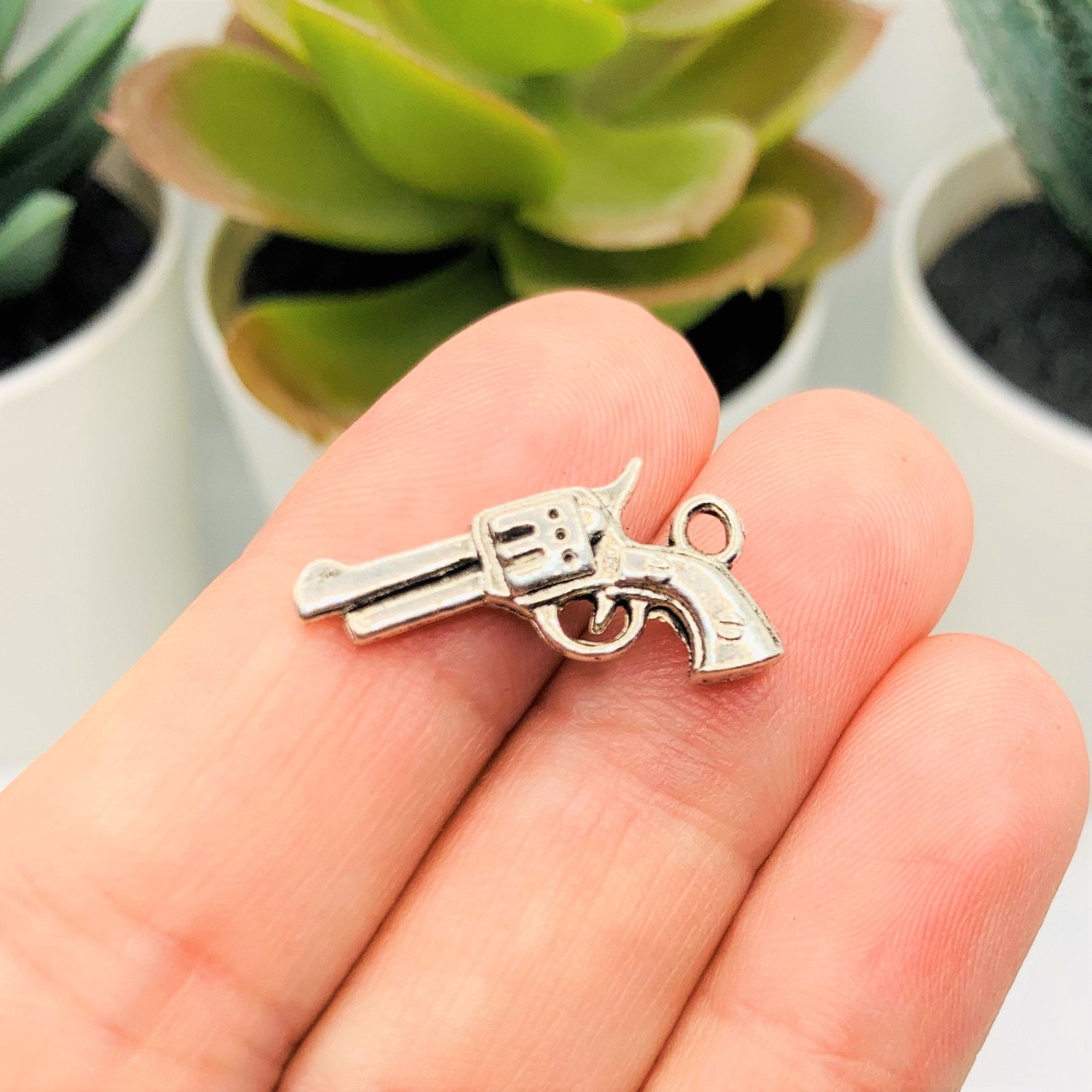Silver Six Shooter Revolver Gun Charms, 21x11mm – US Seller