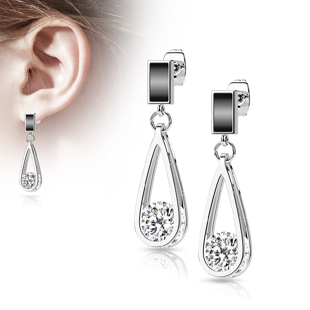 20GA Black Enamel Filled Rectangle with Dangling Hollow Teardrop with Inner CZ 3