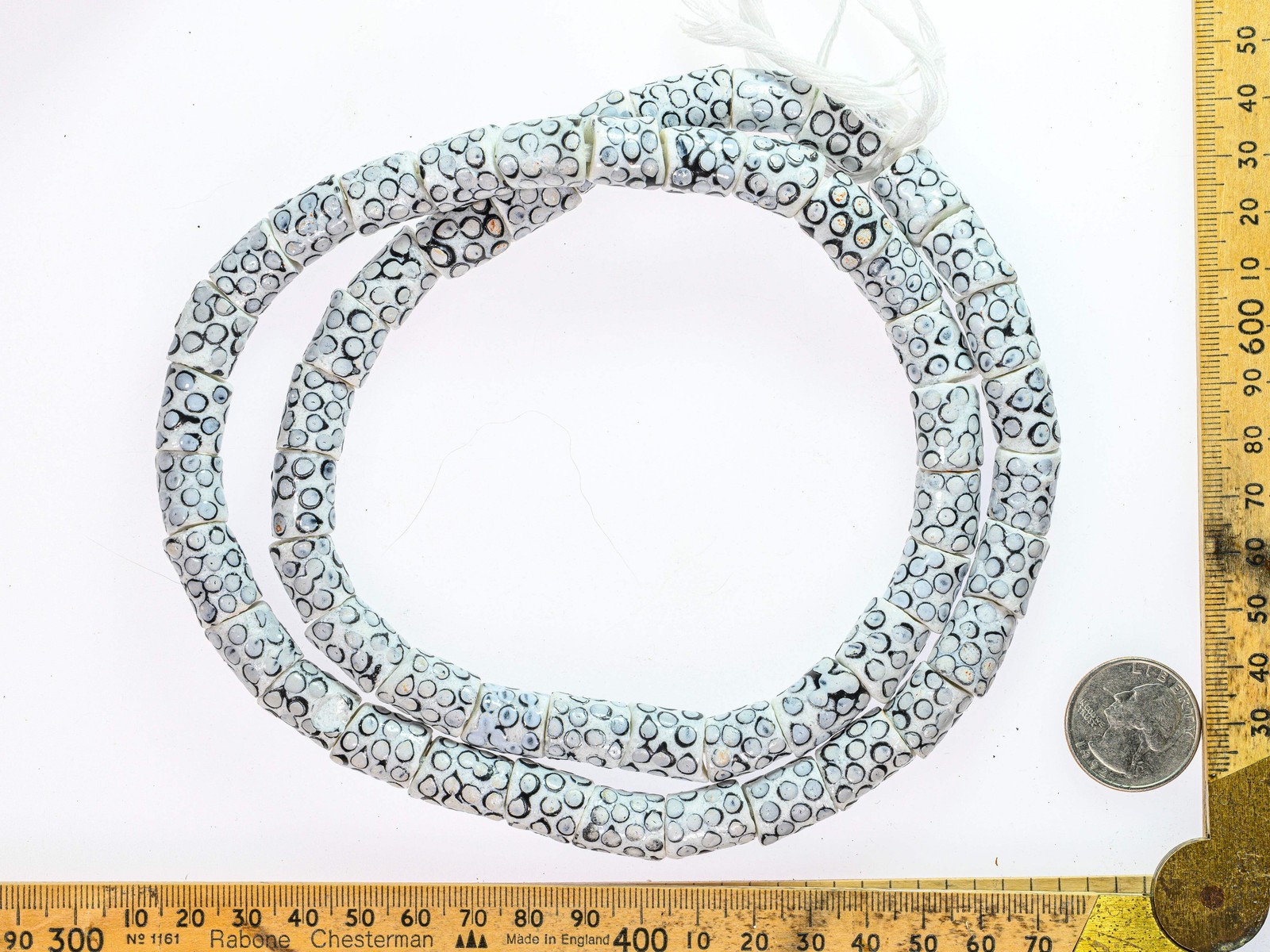 Recycled Glass Beads from Ghana – white / black / grey dot pattern – M00348