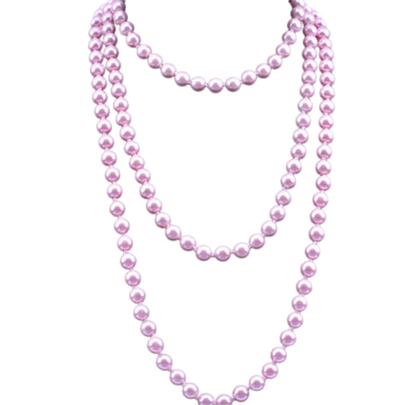 1920s Long Pink Pearl Necklace – 59″ x 8mm Imitation Pearls – Art Deco Gatsby Co