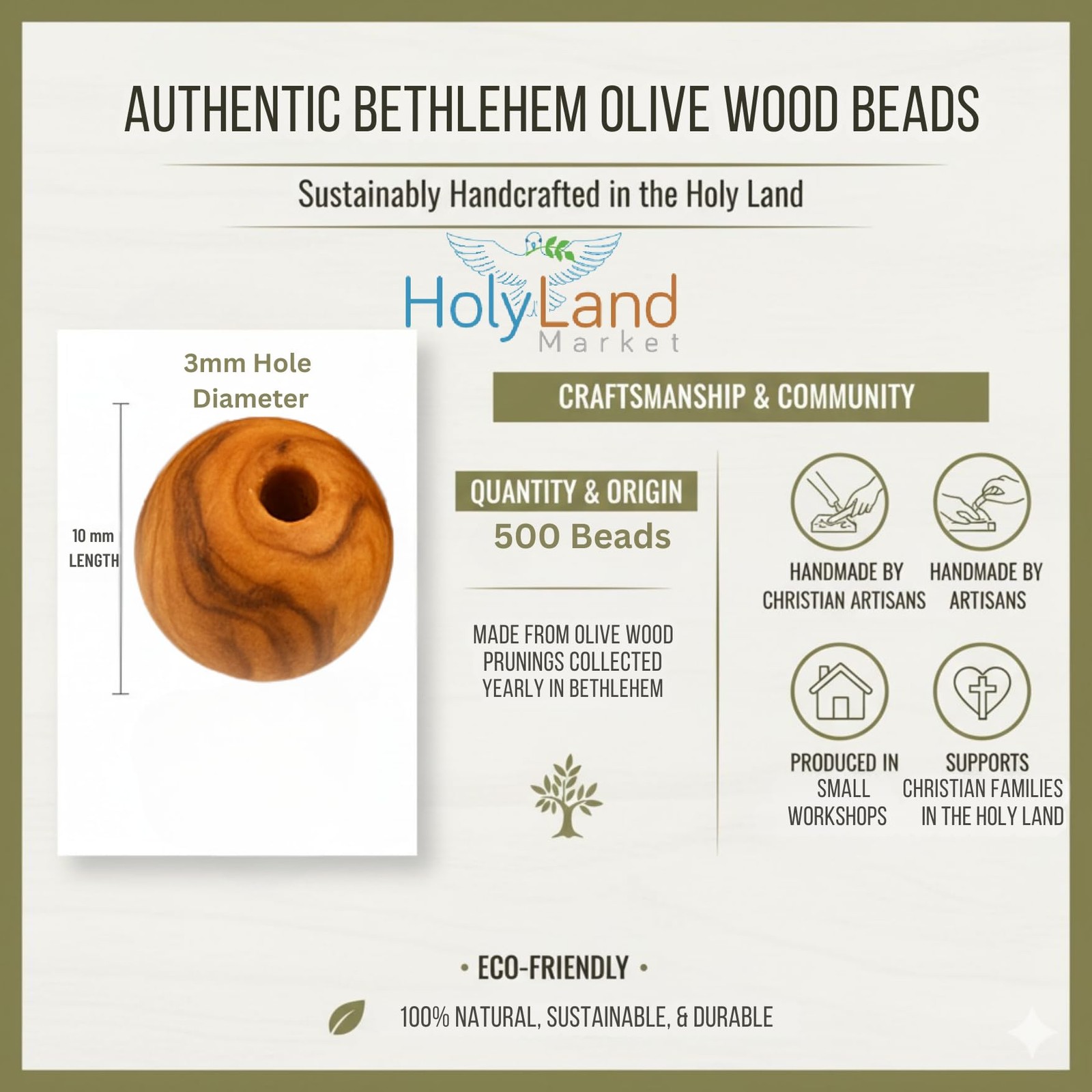 Holy Land Market Bethlehem 10Mm Smooth Olive Wood Beads 500-Piece Bag