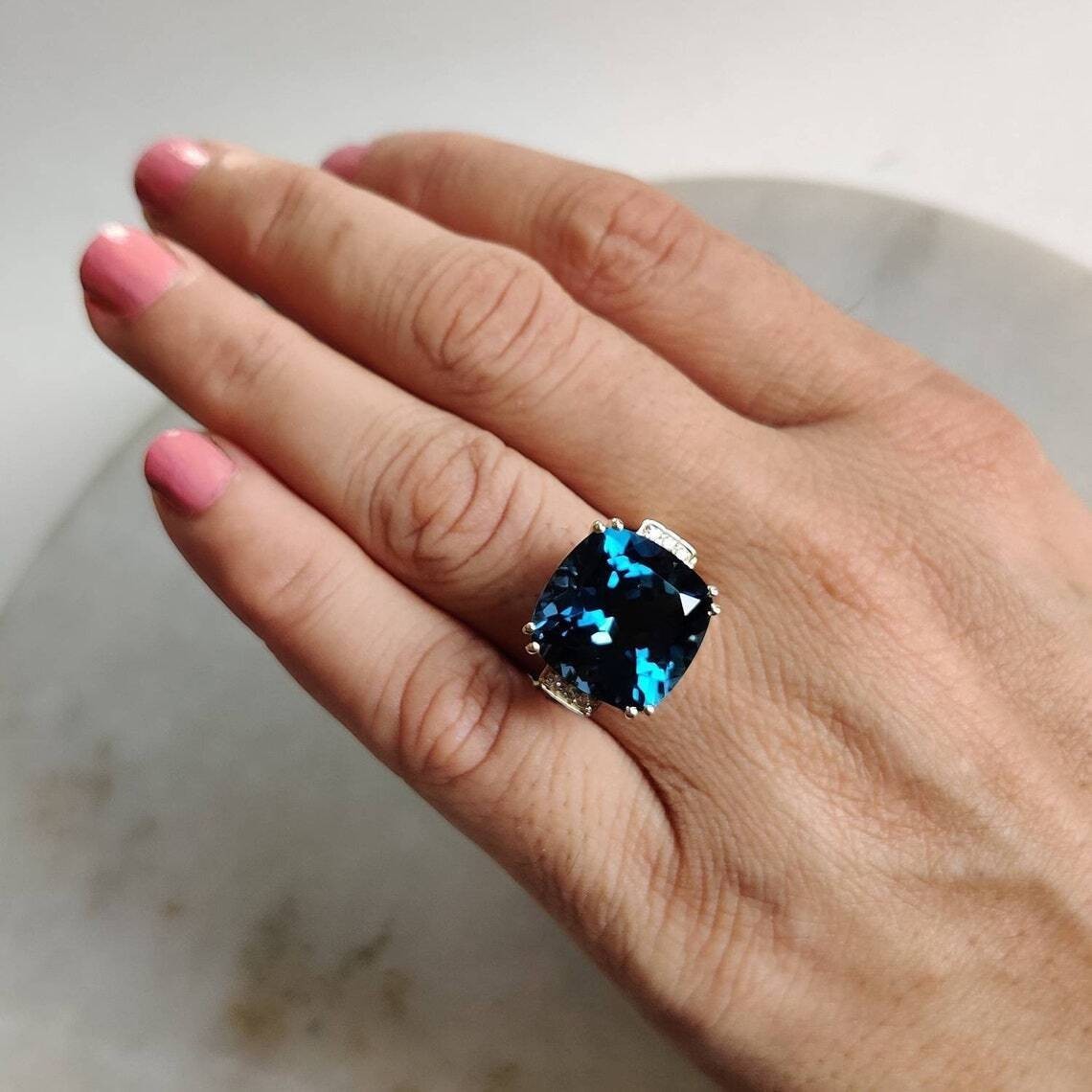 Cushion Cut London Blue Topaz Art Deco Wedding Ring 14k gold plated Silver