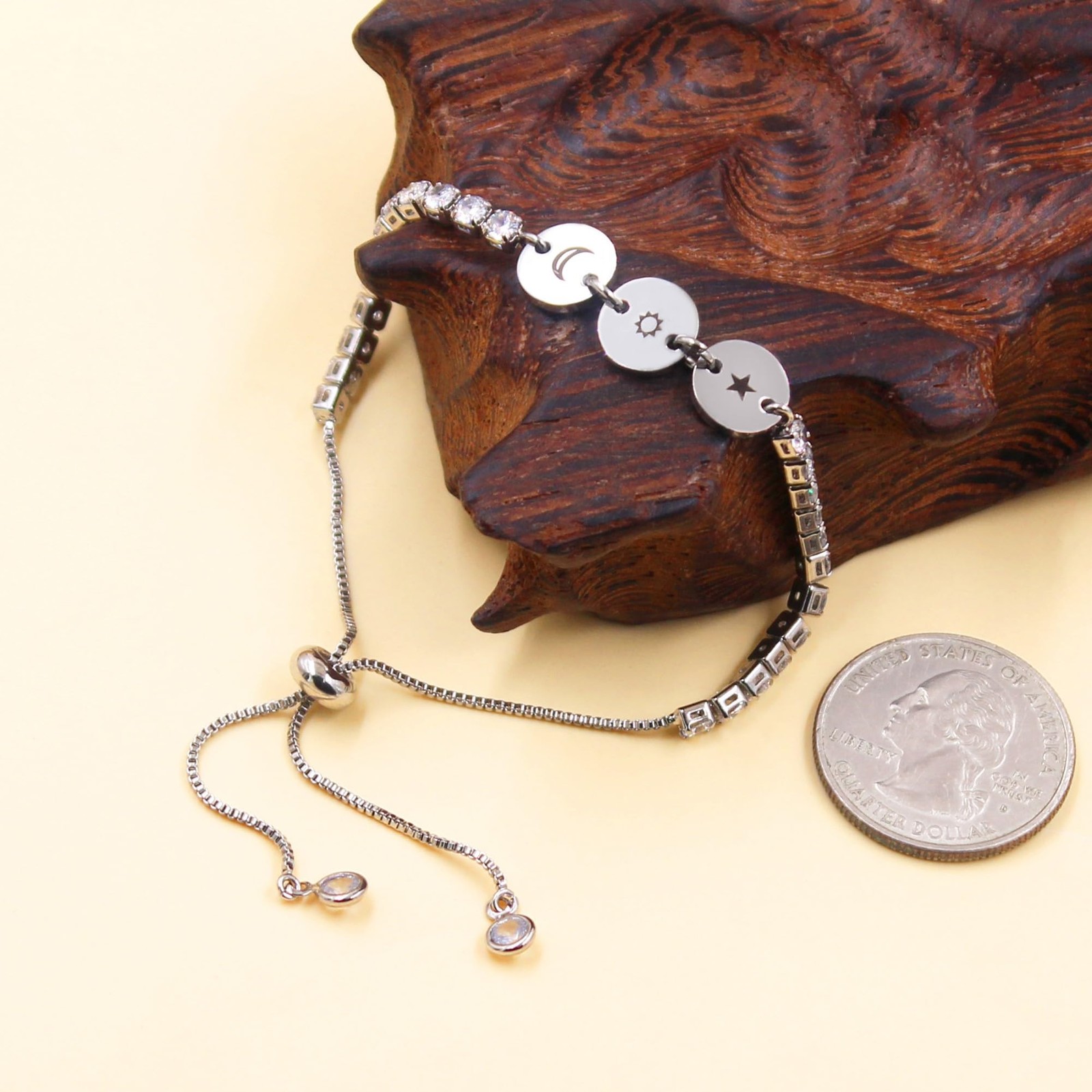 Platinum Plated Star Moon Sun Bracelet -3 Round Charm Tennis Bracelets for Women