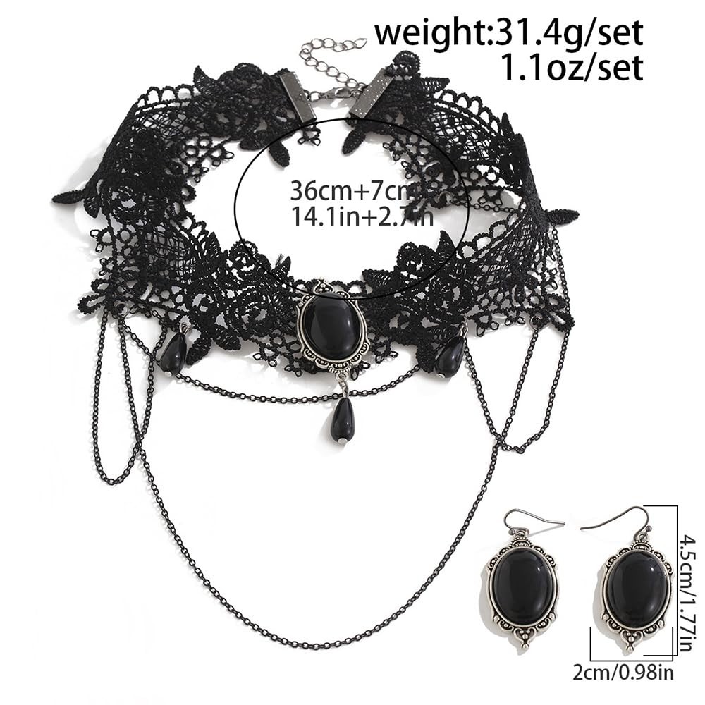 Black Halloween Tassels Lace Choker Necklace Earrings Set Prom Shinny Punk Black