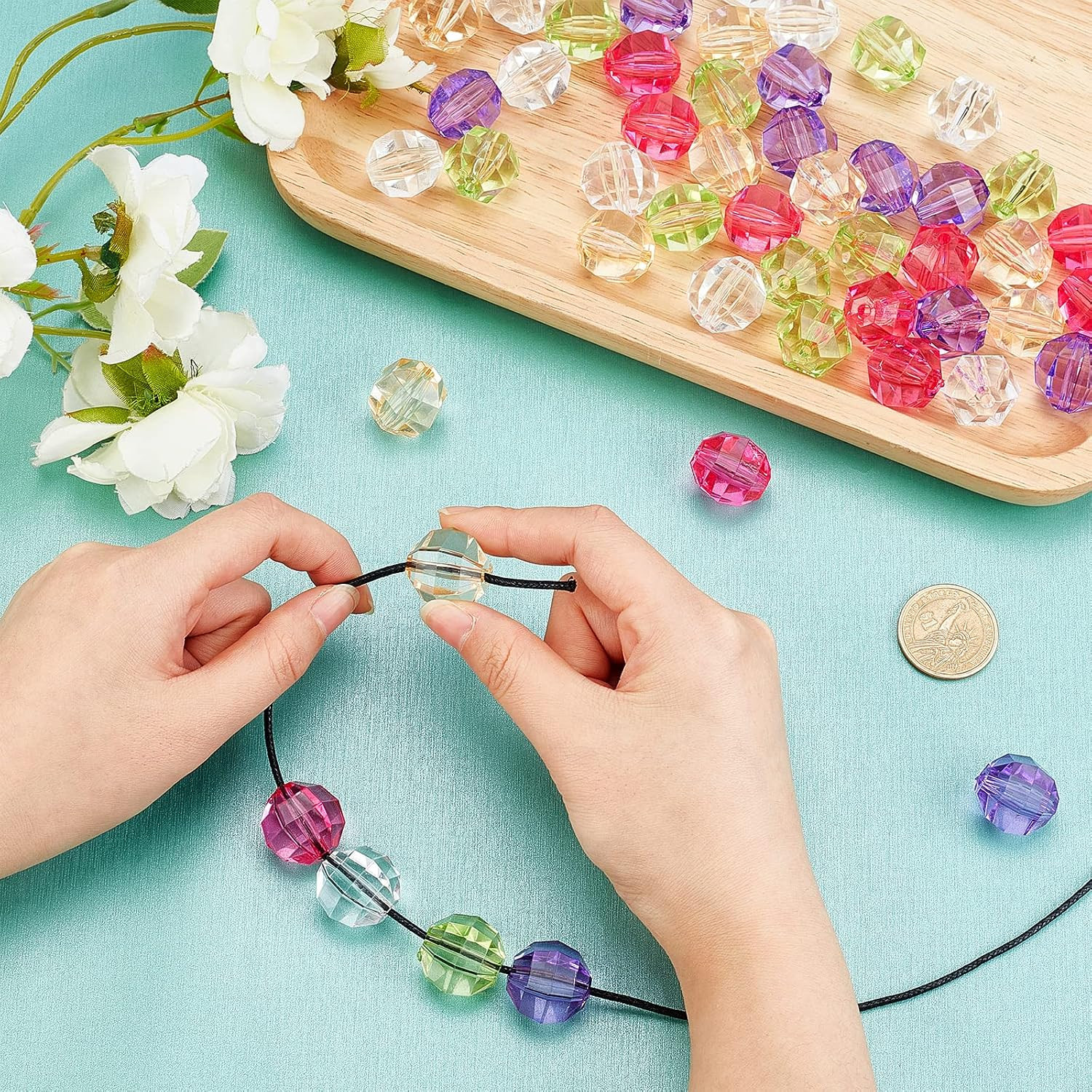 PandaHall 50pcs 20mm Faceted Acrylic Beads, 5 Color Transparent Crystal Spacer L