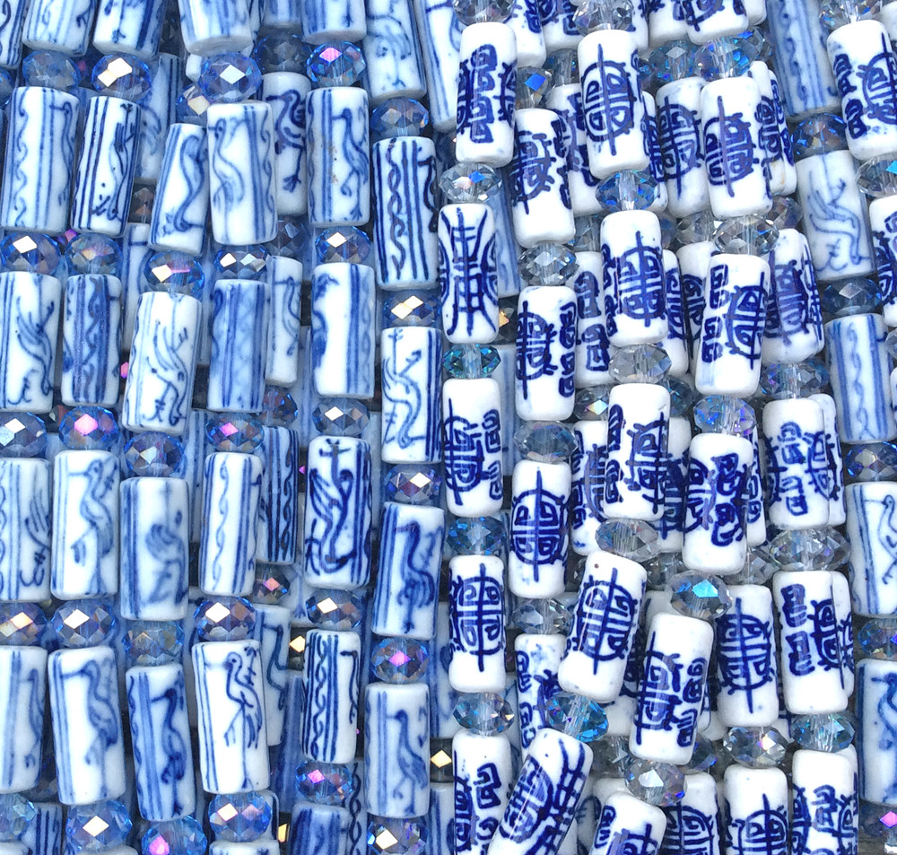 Blue White China Mixed Motifs 17mm 18mm Tube Cylinder Ceramic Beads Q2 Strands