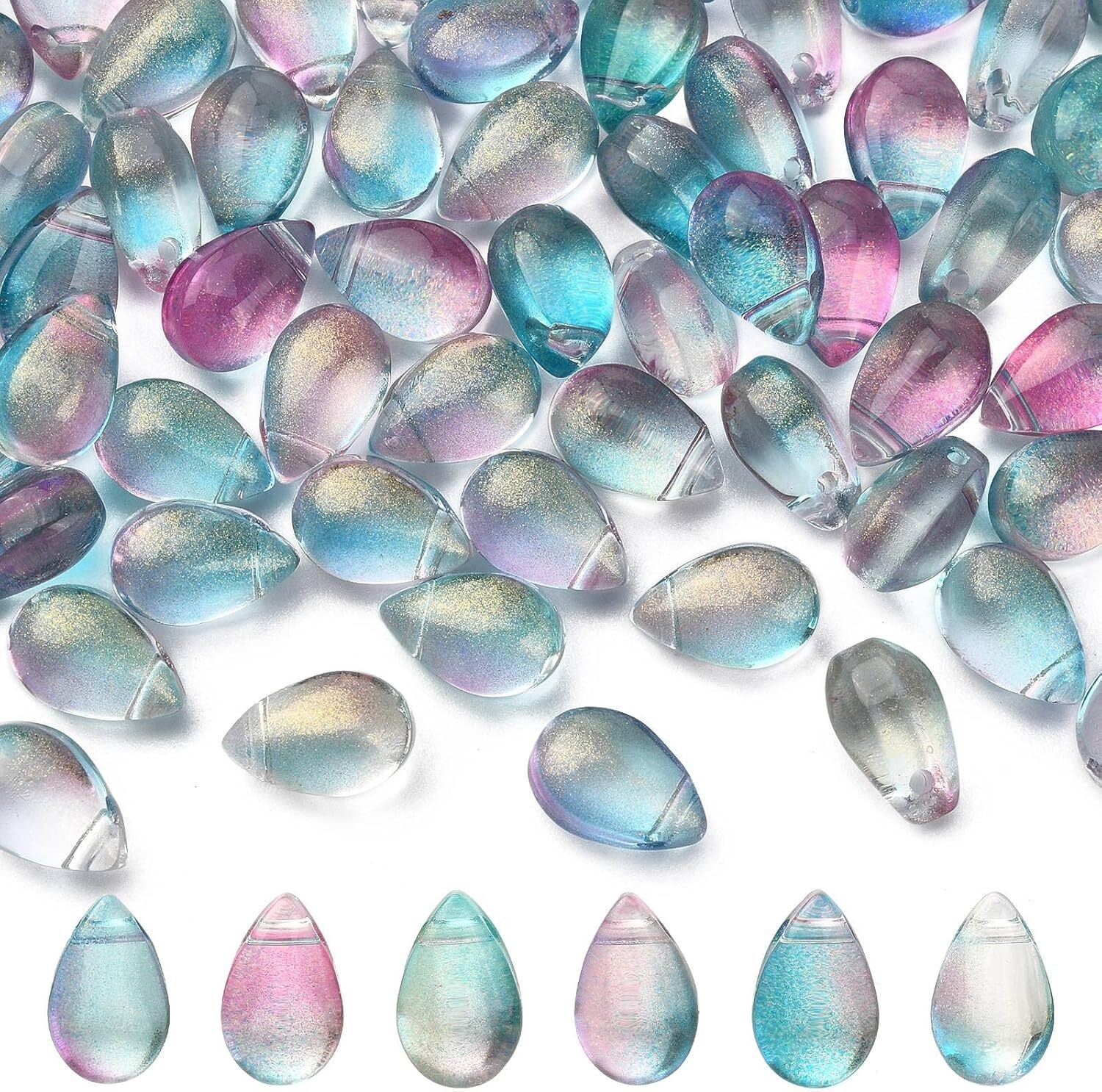100x Crystal Glass Glitter Powder Teardrop Charm for Jewelry Making DIY Craft