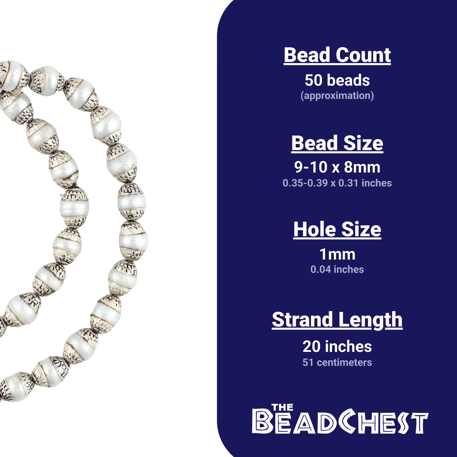Pearl Nepali Silver Capped Beads 8mm White Oval 20 Inch Strand