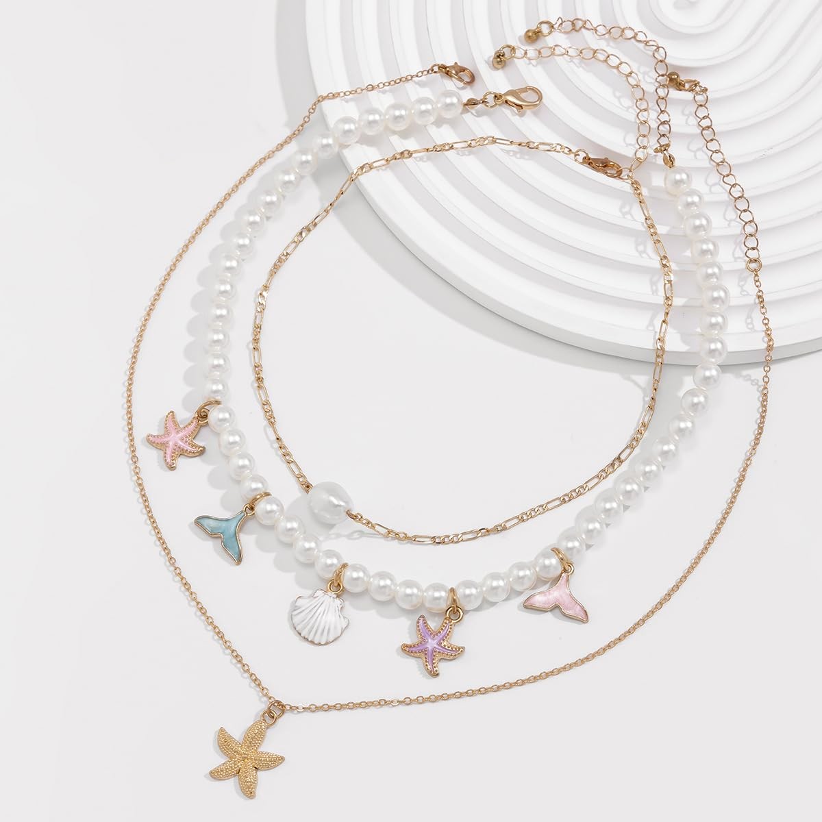 Gold Layered Seashell Starfish Necklace: Adult Women’s Boho Turtle Conch Starfis