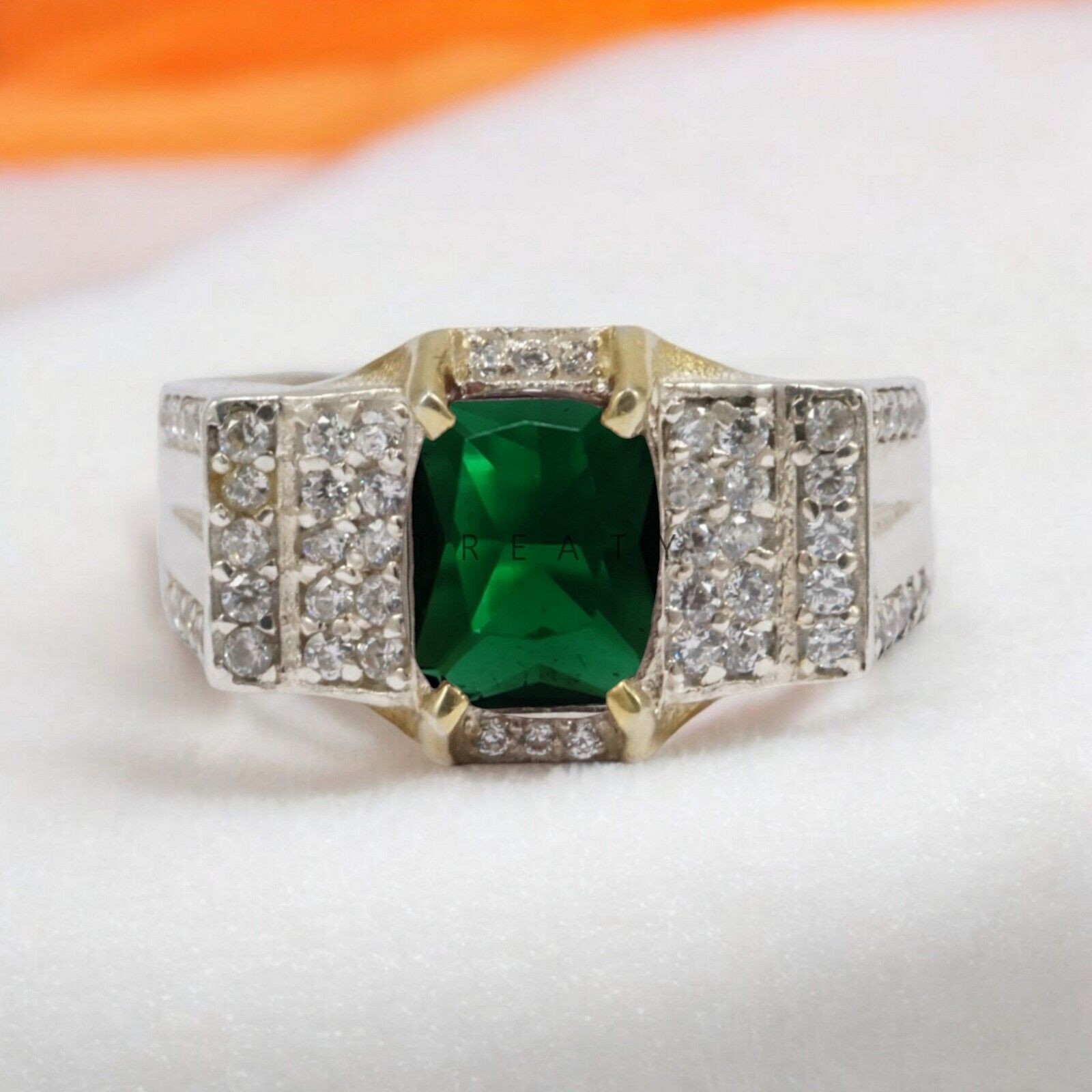 Emerald Cushion Cut Gemstone With Solid 14K White Gold Ring For Men’s #908 #