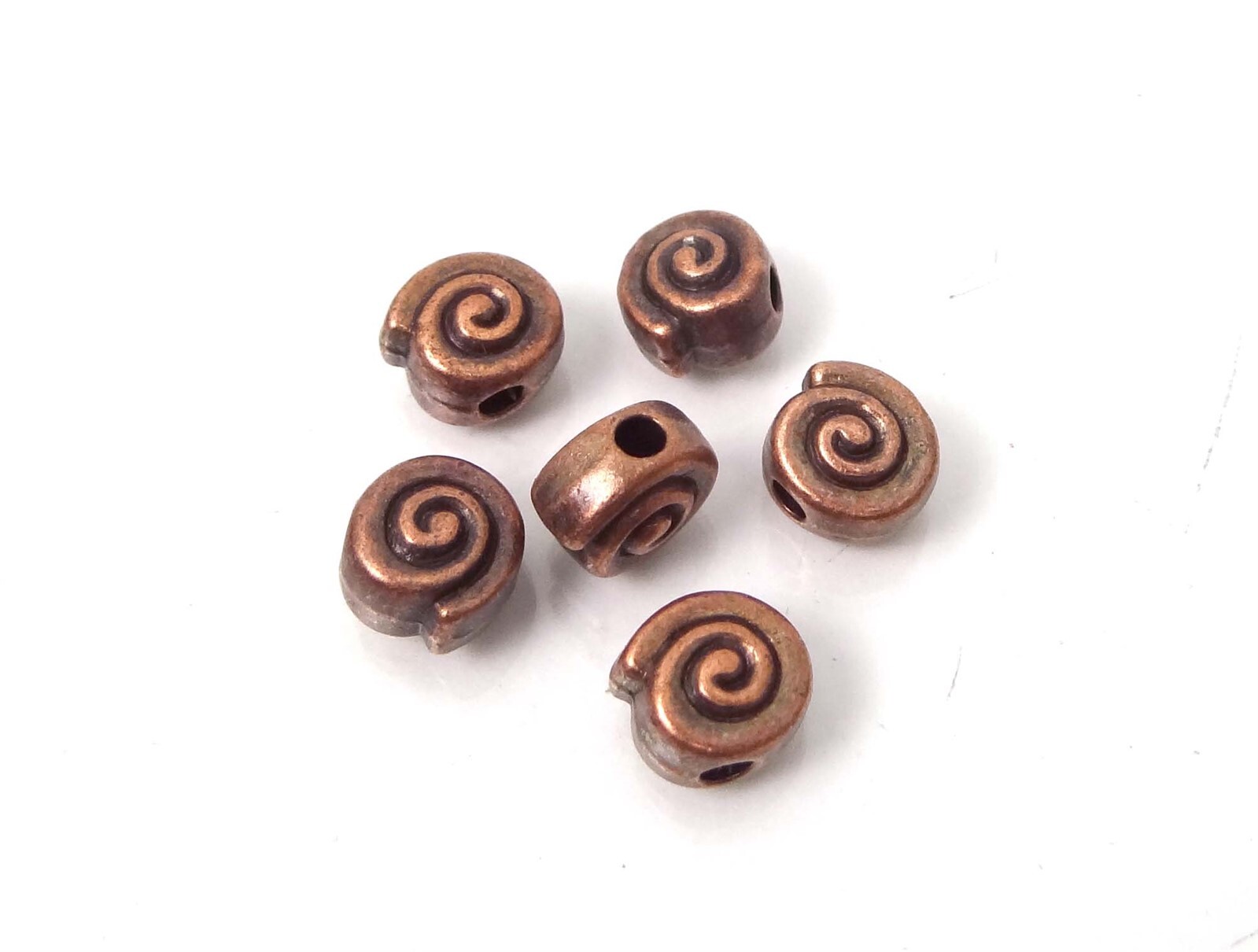 6 Antique Copper Pewter Spiral Snail Beads Nautical Flat Round Disc 10x9mm