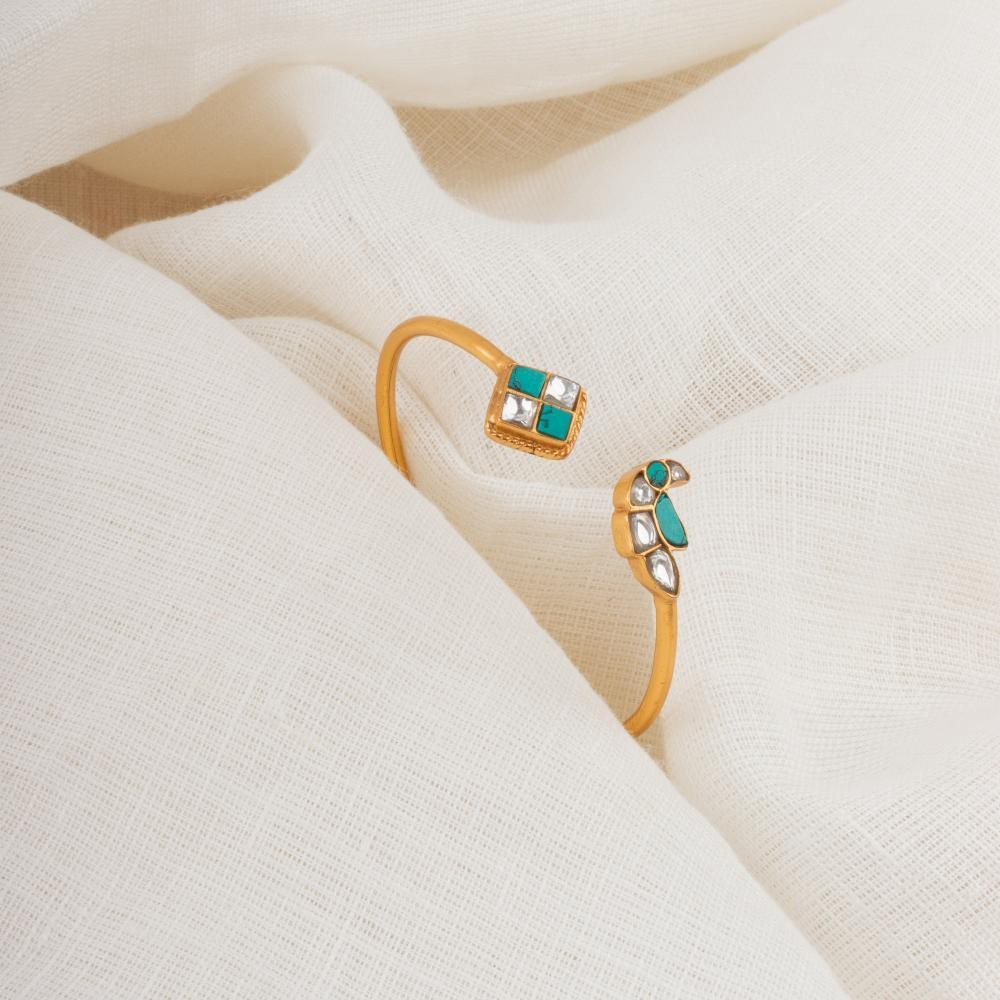 Green Stone Polki Minimal 18K Gold Plated 925 Silver Bracelet