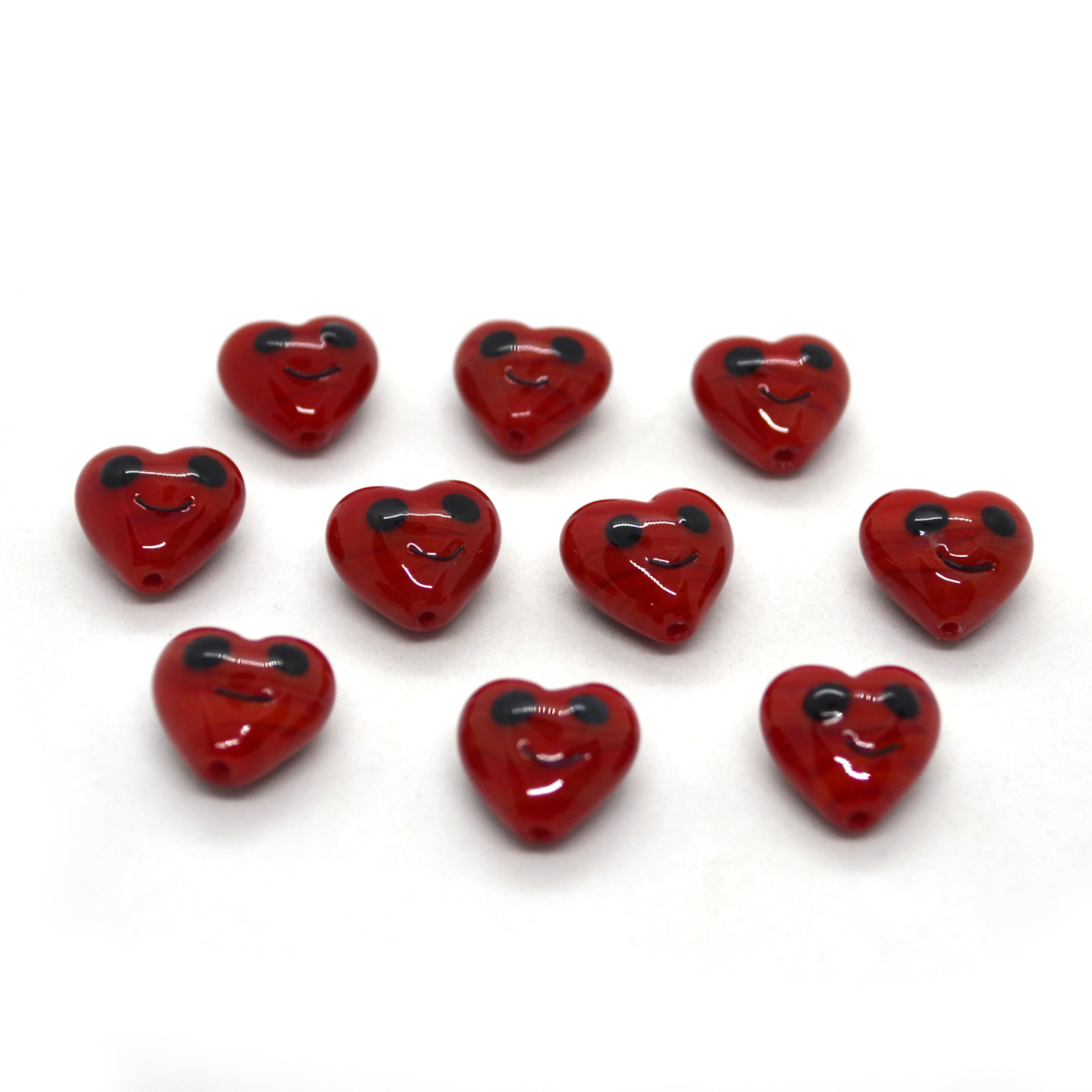 (10 pcs) Red Smiley Heart Beads – Lampwork Beads, Approx 15x15mm