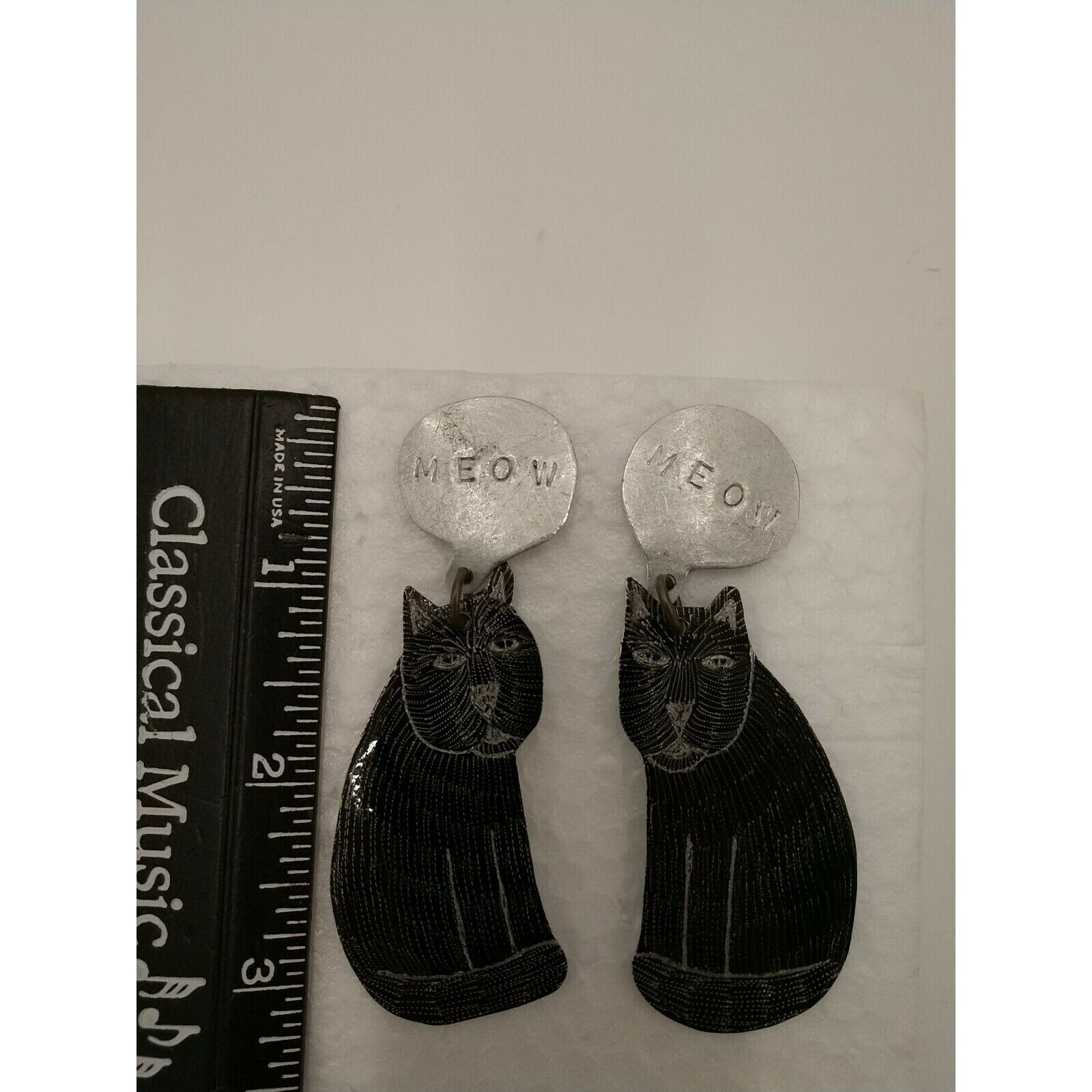 BLACK CATS Meow Etched Silvertone As-is Craft Jewelry Parts Artisan-made Vtg